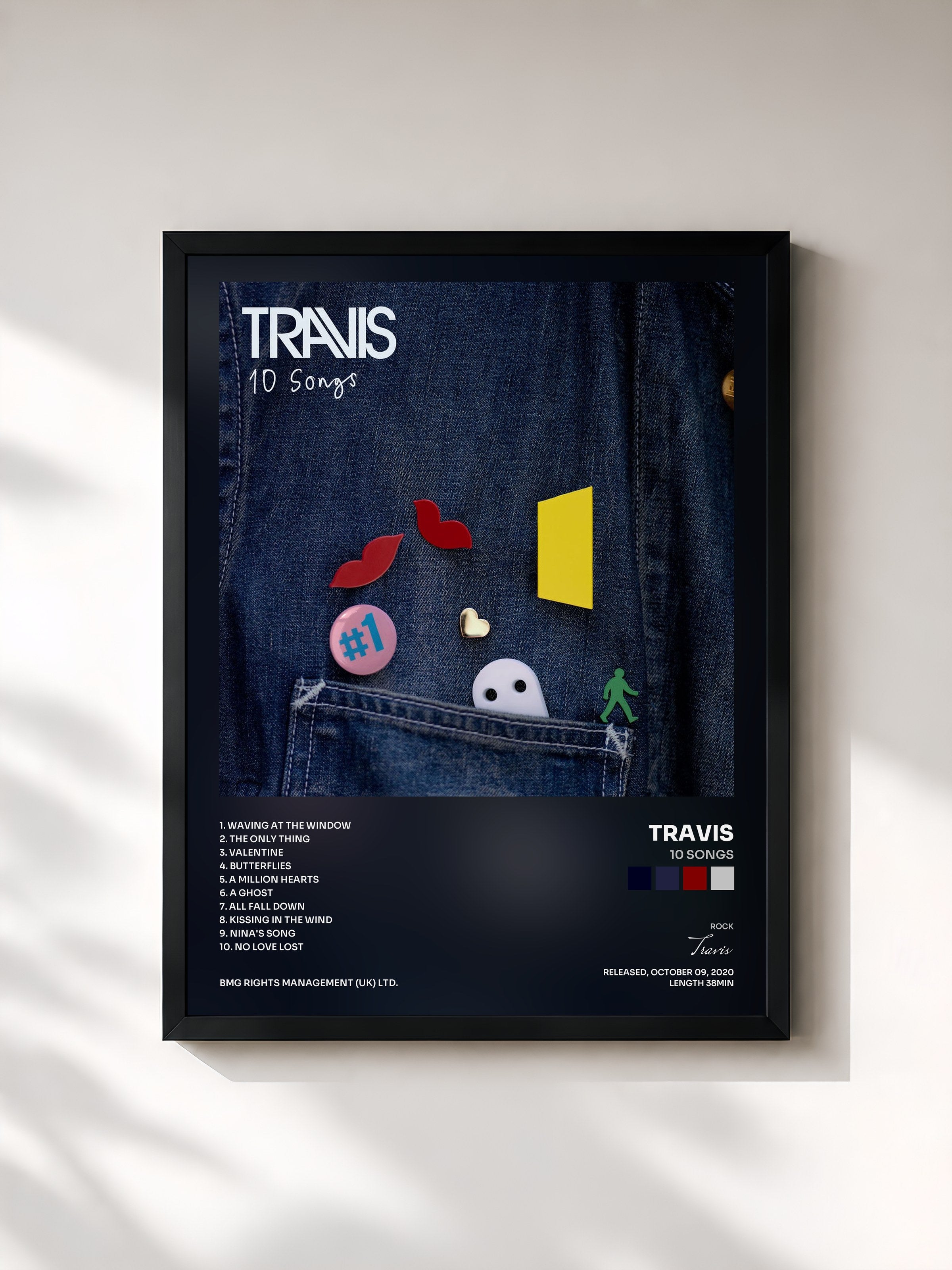 #noir Tableau de l'album 10 Songs de Travis, cadre noir, imprimé et encadré en France