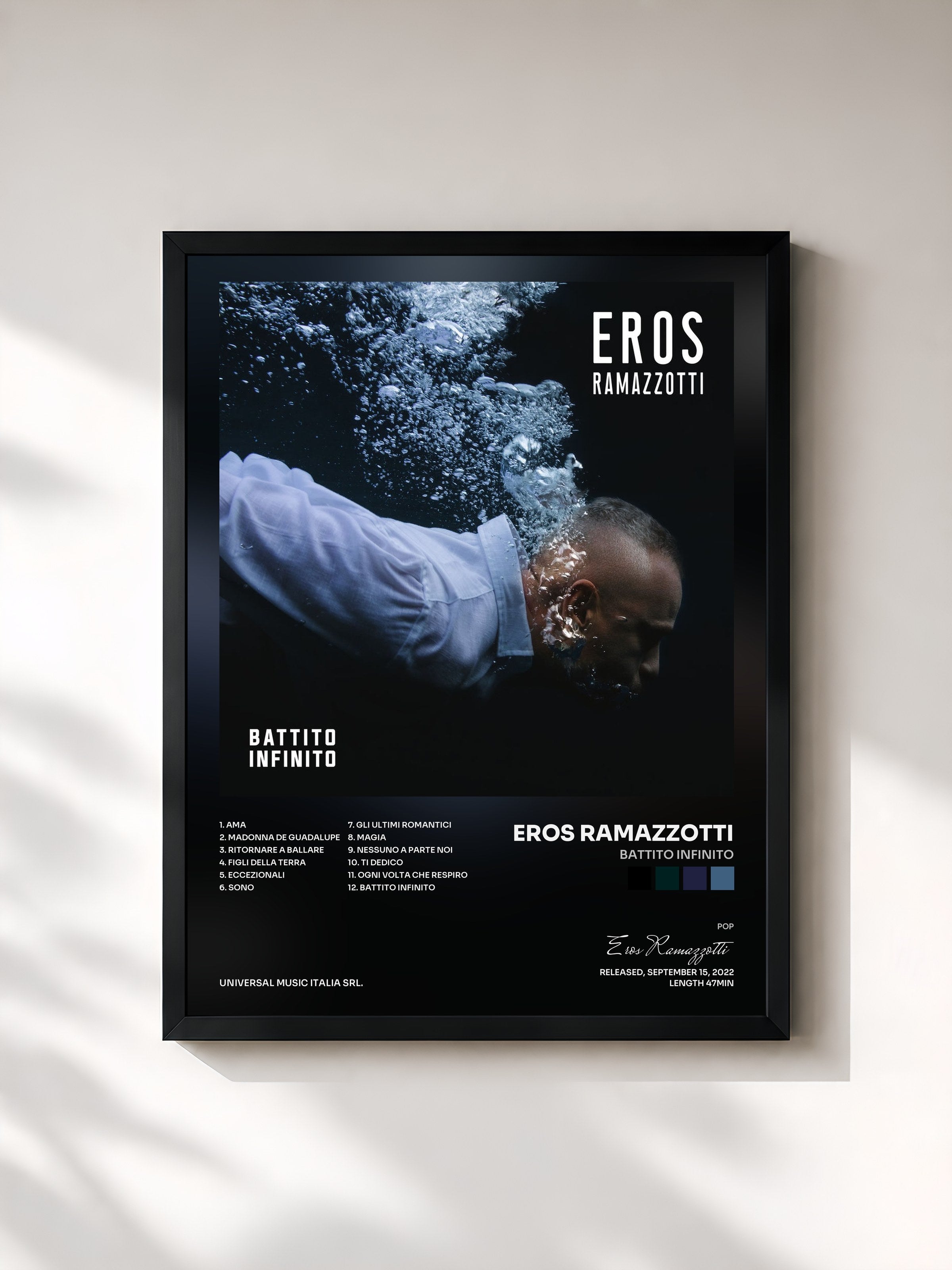 #noir Tableau de l'album Battito Infinito de Eros Ramazzotti, cadre noir, imprimé et encadré en France