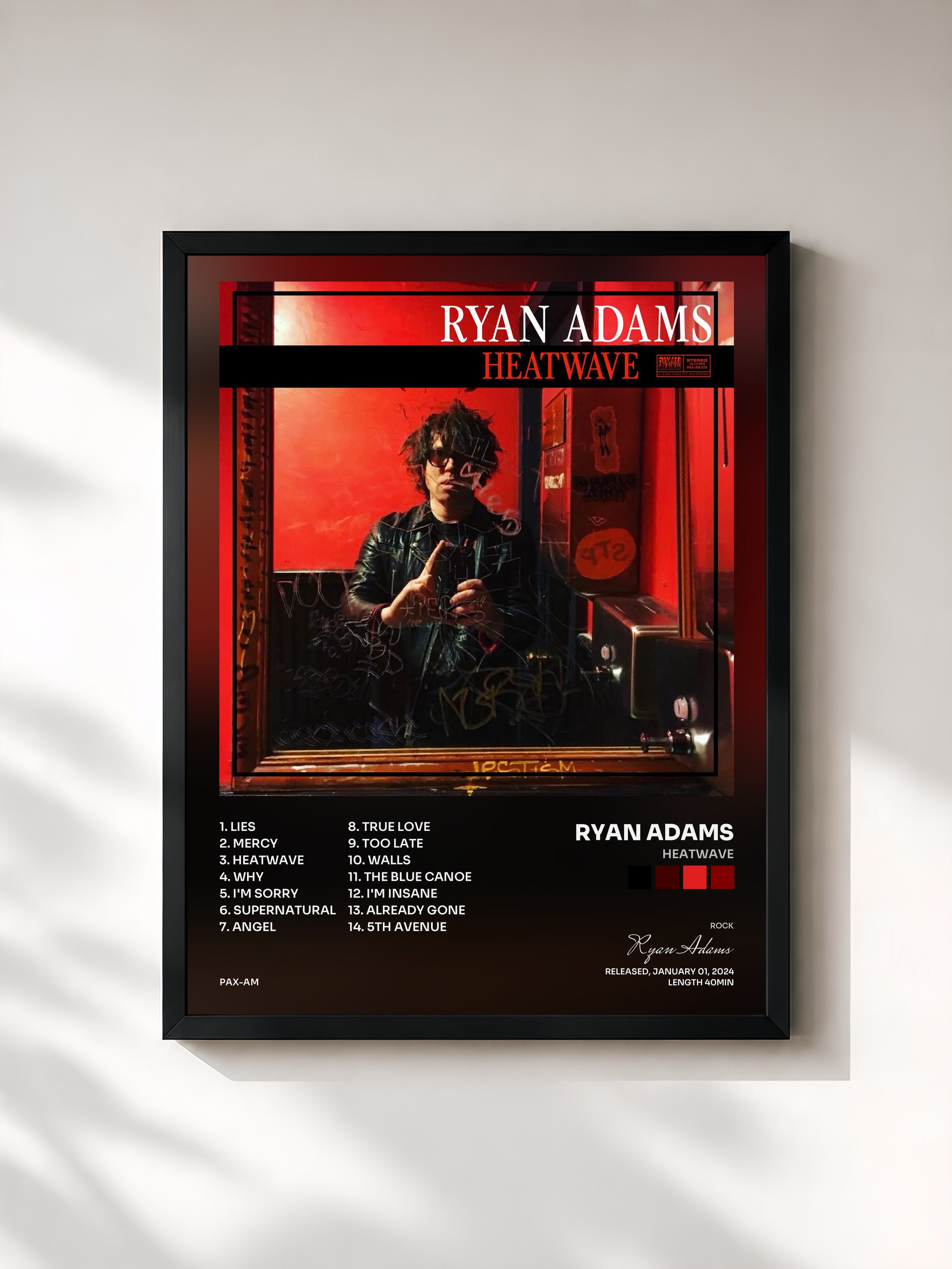 #noir Tableau de l'album Heatwave de Ryan Adams, cadre noir, imprimé et encadré en France