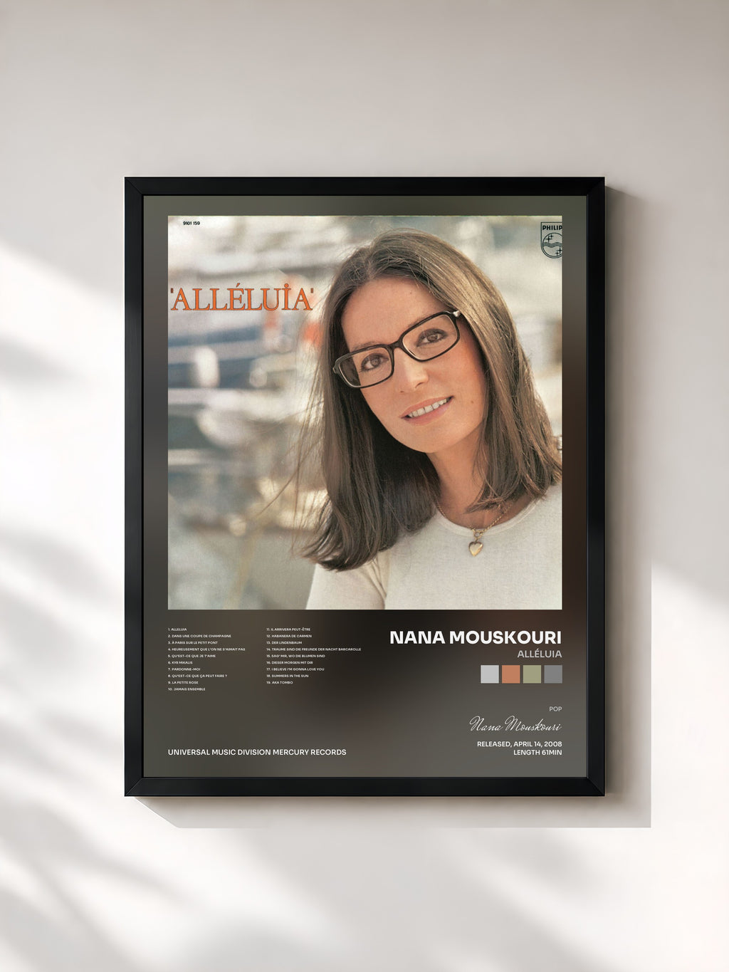 #noir Tableau de l'album Alléluia de Nana Mouskouri, cadre noir, imprimé et encadré en France