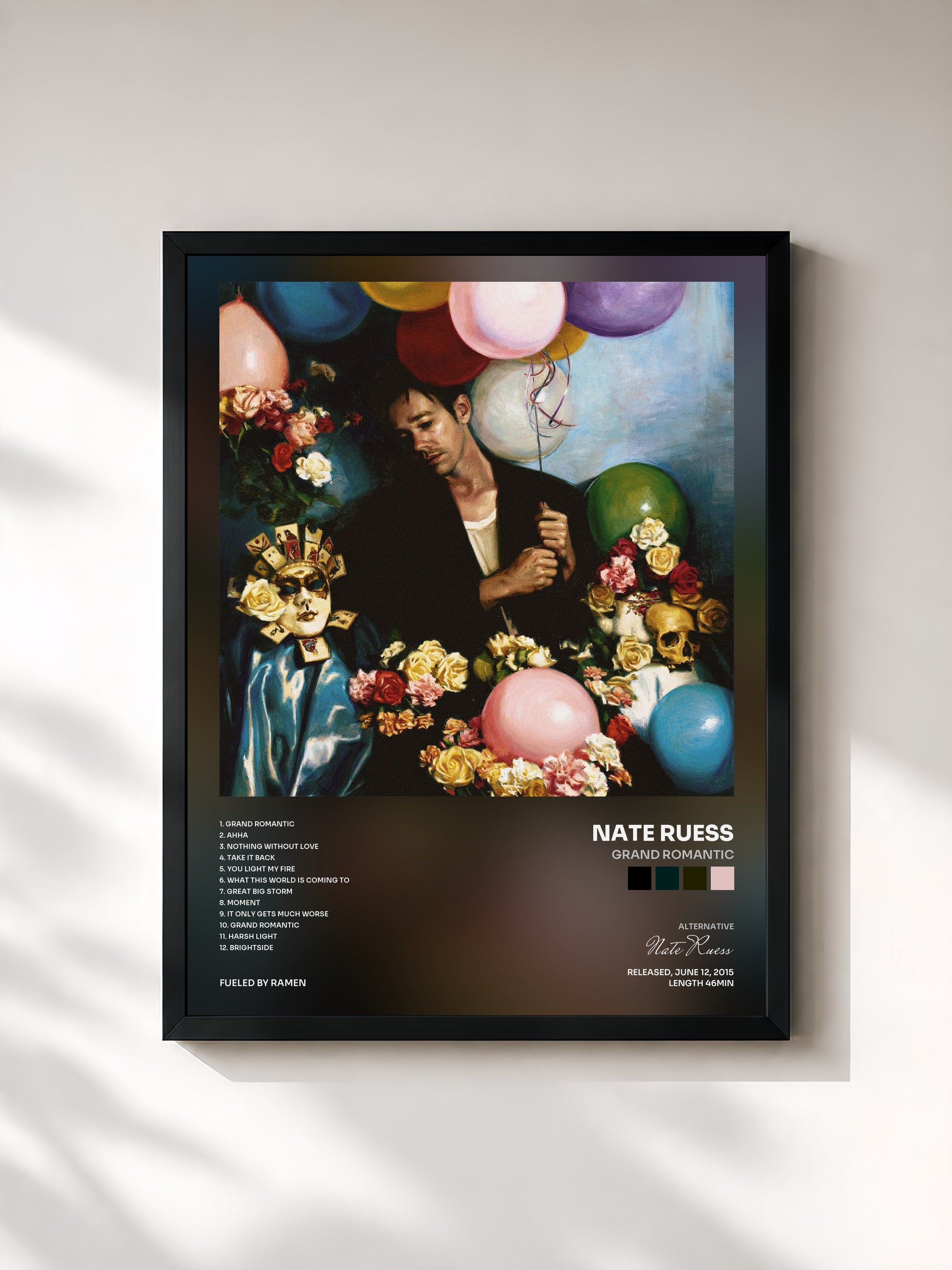 #noir Tableau de l'album Grand Romantic de Nate Ruess, cadre noir, imprimé et encadré en France