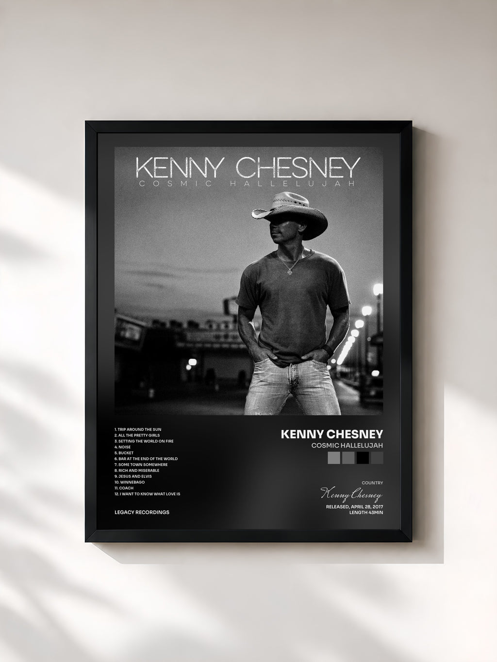 #noir Tableau de l'album Cosmic Hallelujah de Kenny Chesney, cadre noir, imprimé et encadré en France