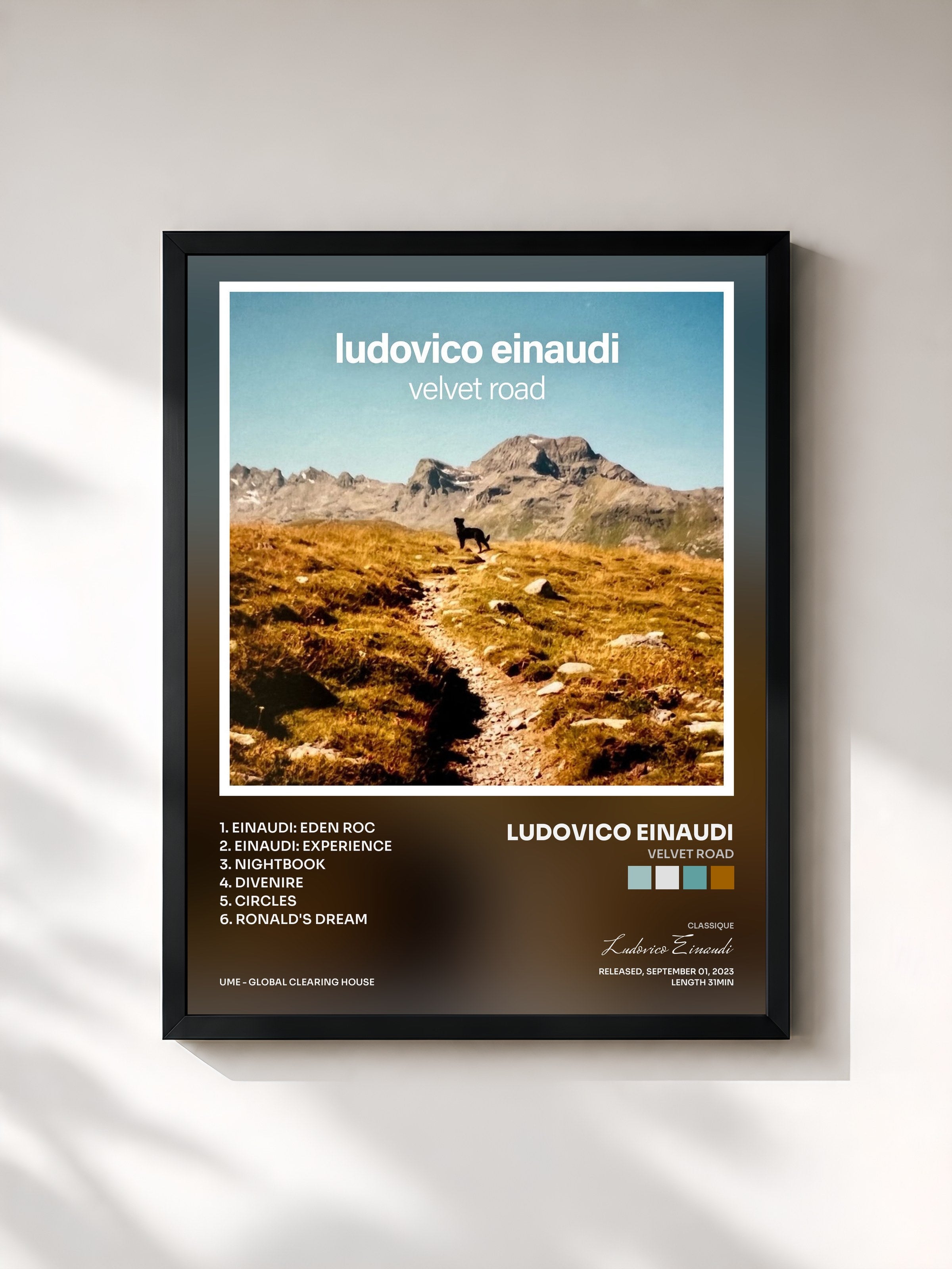 #noir Tableau de l'album Velvet Road de Ludovico Einaudi, cadre noir, imprimé et encadré en France
