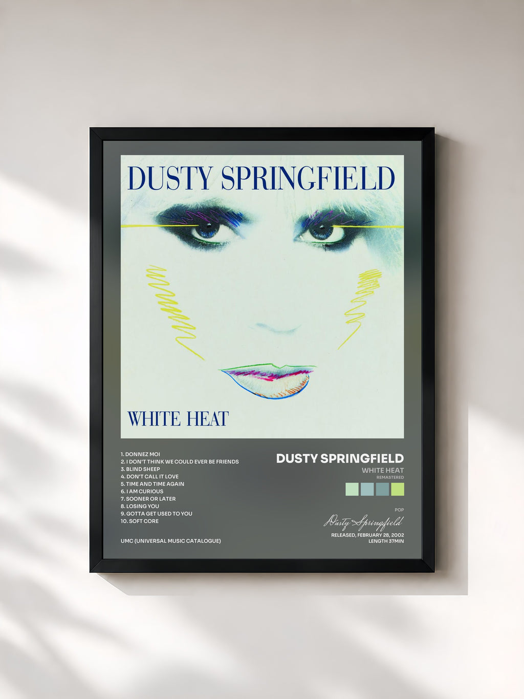 #noir Tableau de l'album White Heat (Remastered) de Dusty Springfield, cadre noir, imprimé et encadré en France