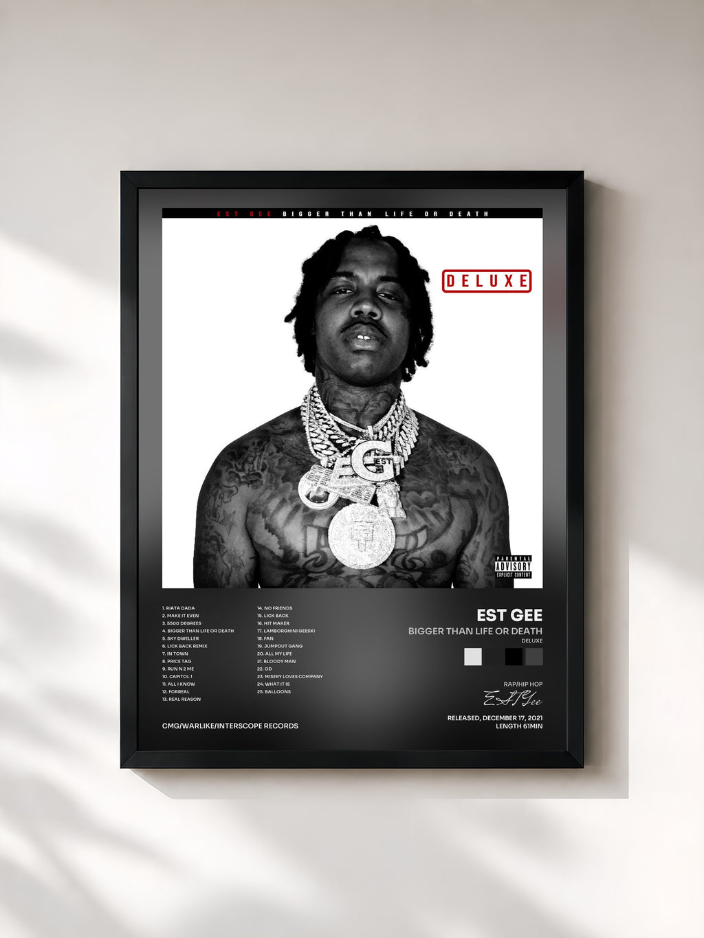 #noir Tableau de l'album Bigger Than Life Or Death (Deluxe) de EST Gee, cadre noir, imprimé et encadré en France