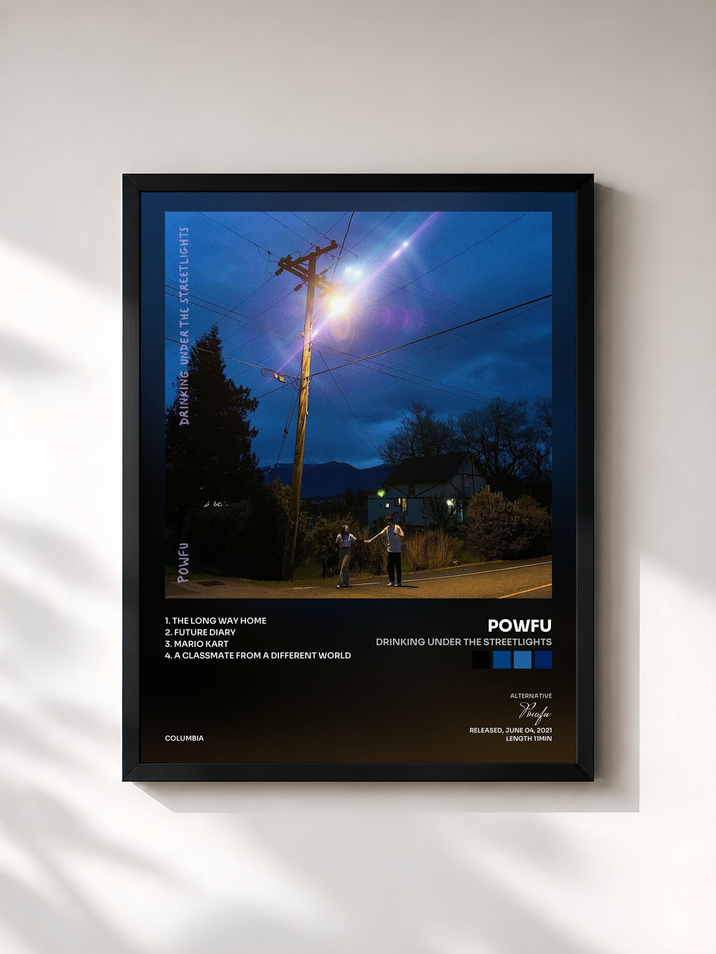 #noir Tableau de l'album drinking under the streetlights de Powfu, cadre noir, imprimé et encadré en France