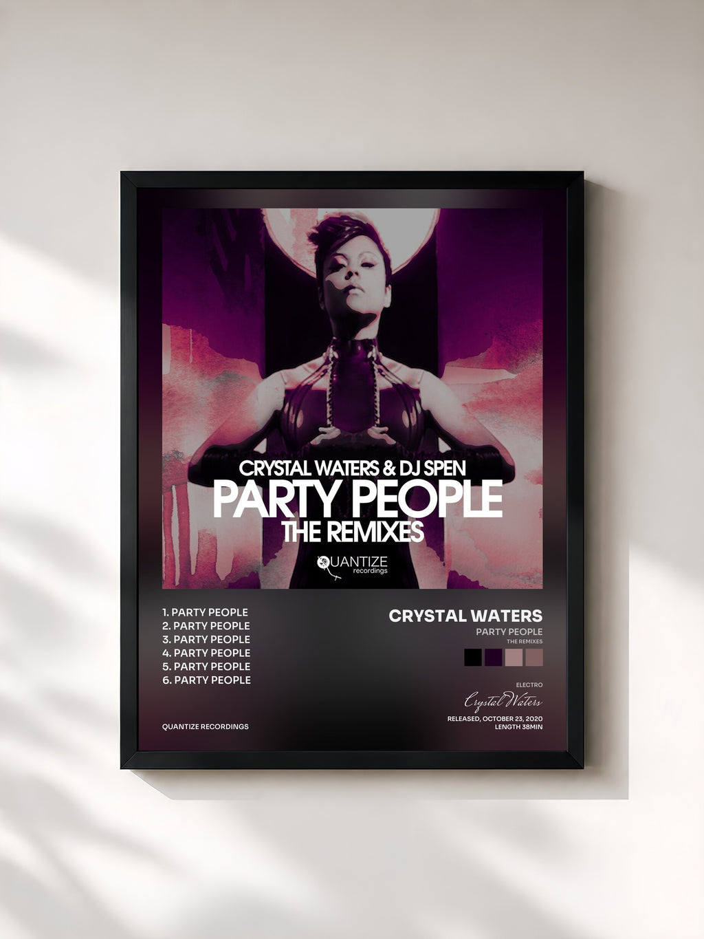 #noir Tableau de l'album Party People (The Remixes) de Crystal Waters, cadre noir, imprimé et encadré en France