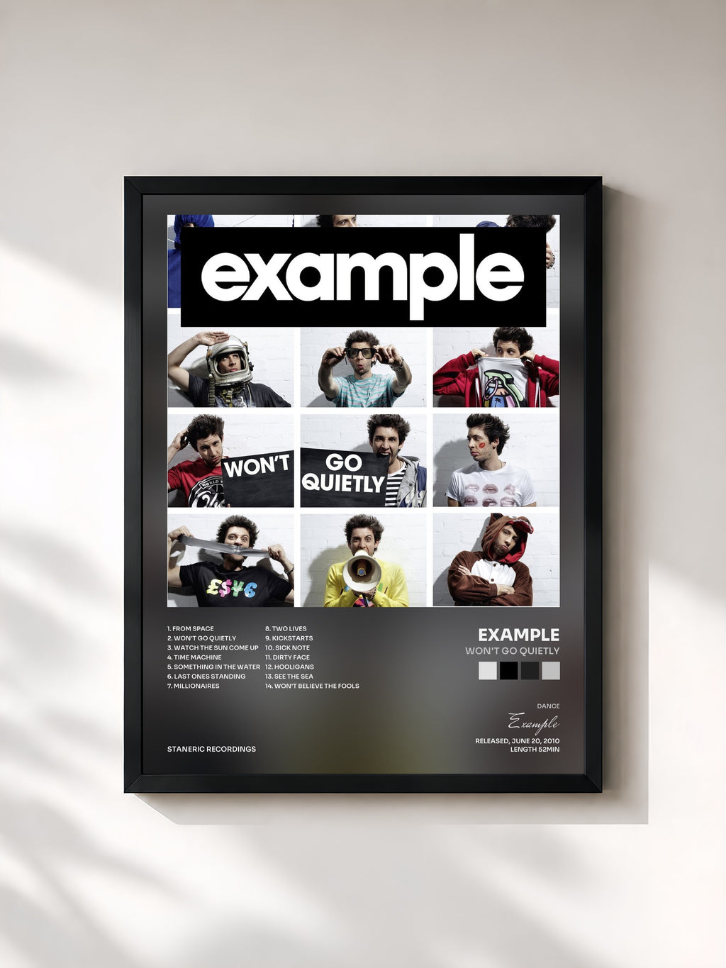 #noir Tableau de l'album Won't Go Quietly de Example, cadre noir, imprimé et encadré en France