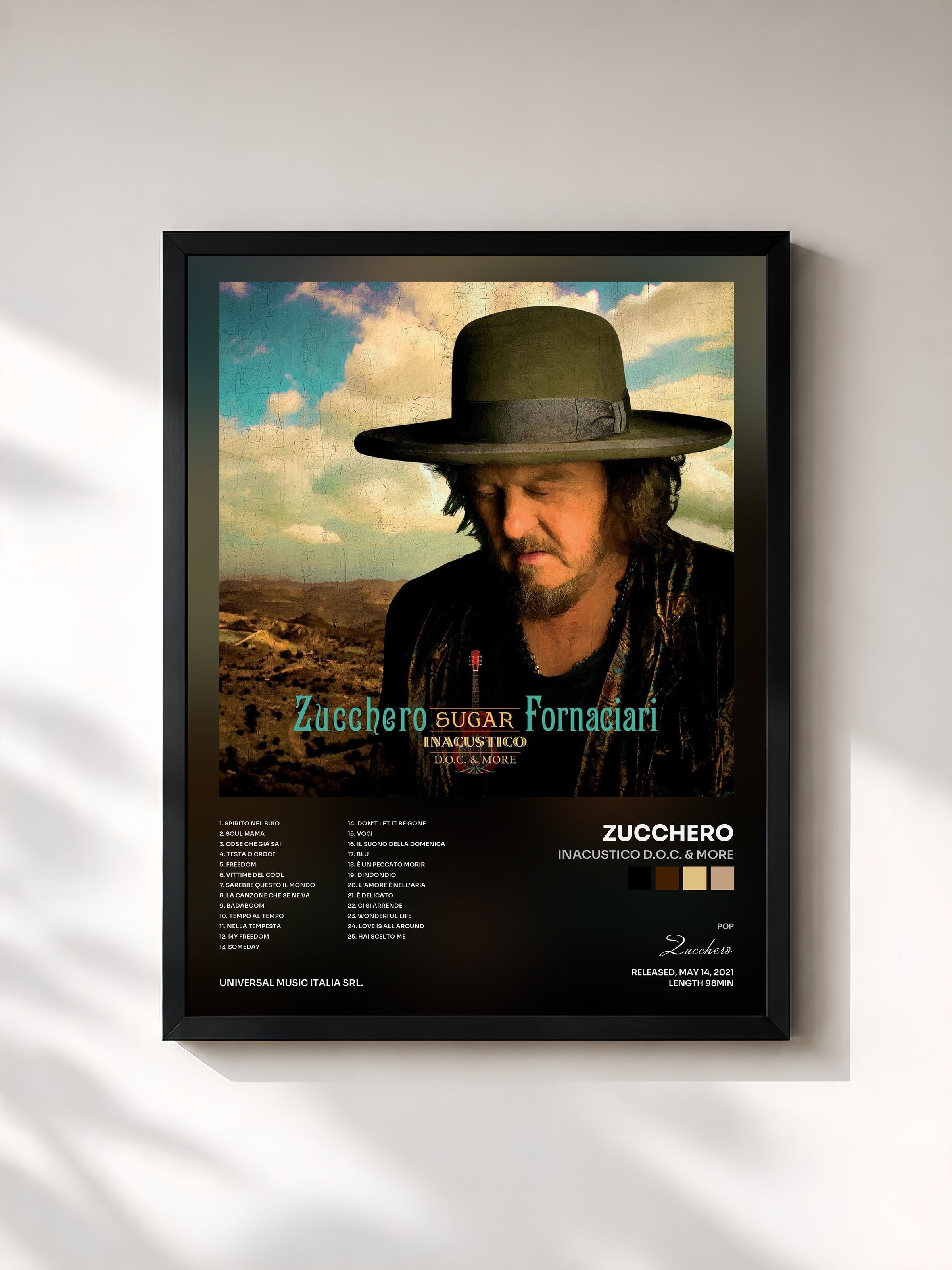 #noir Tableau de l'album INACUSTICO D.O.C. & MORE de Zucchero, cadre noir, imprimé et encadré en France