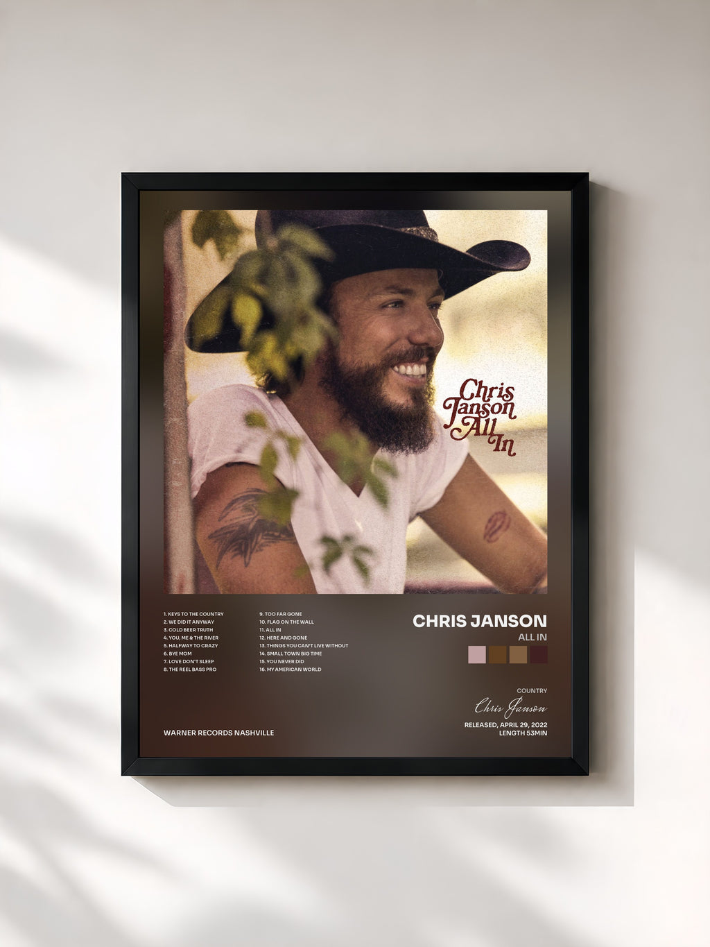 #noir Tableau de l'album All In de Chris Janson, cadre noir, imprimé et encadré en France