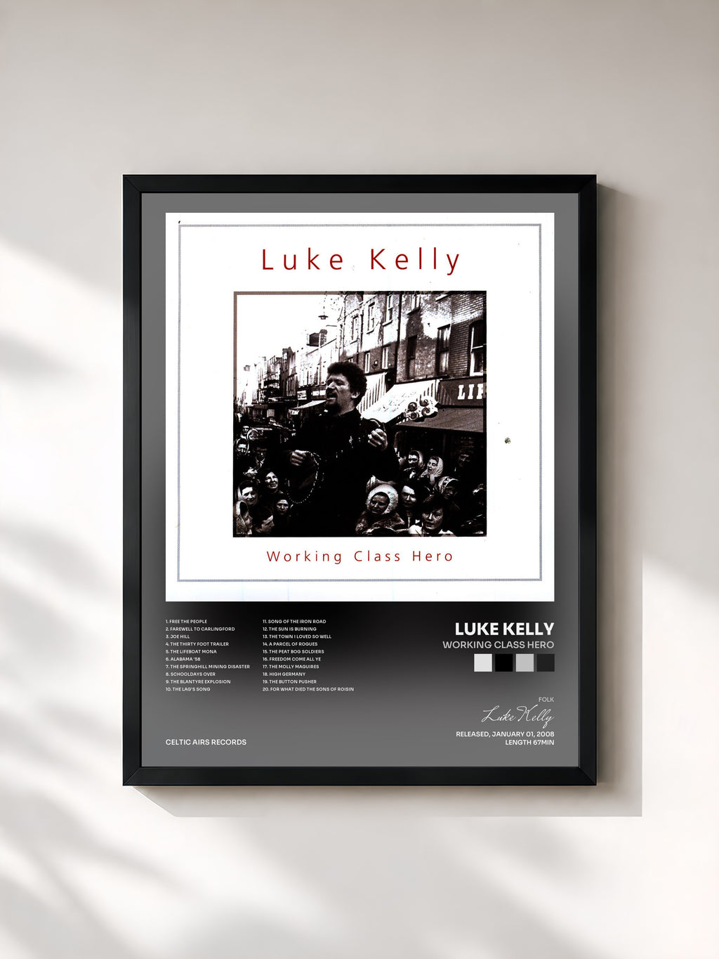 #noir Tableau de l'album Working Class Hero de Luke Kelly, cadre noir, imprimé et encadré en France