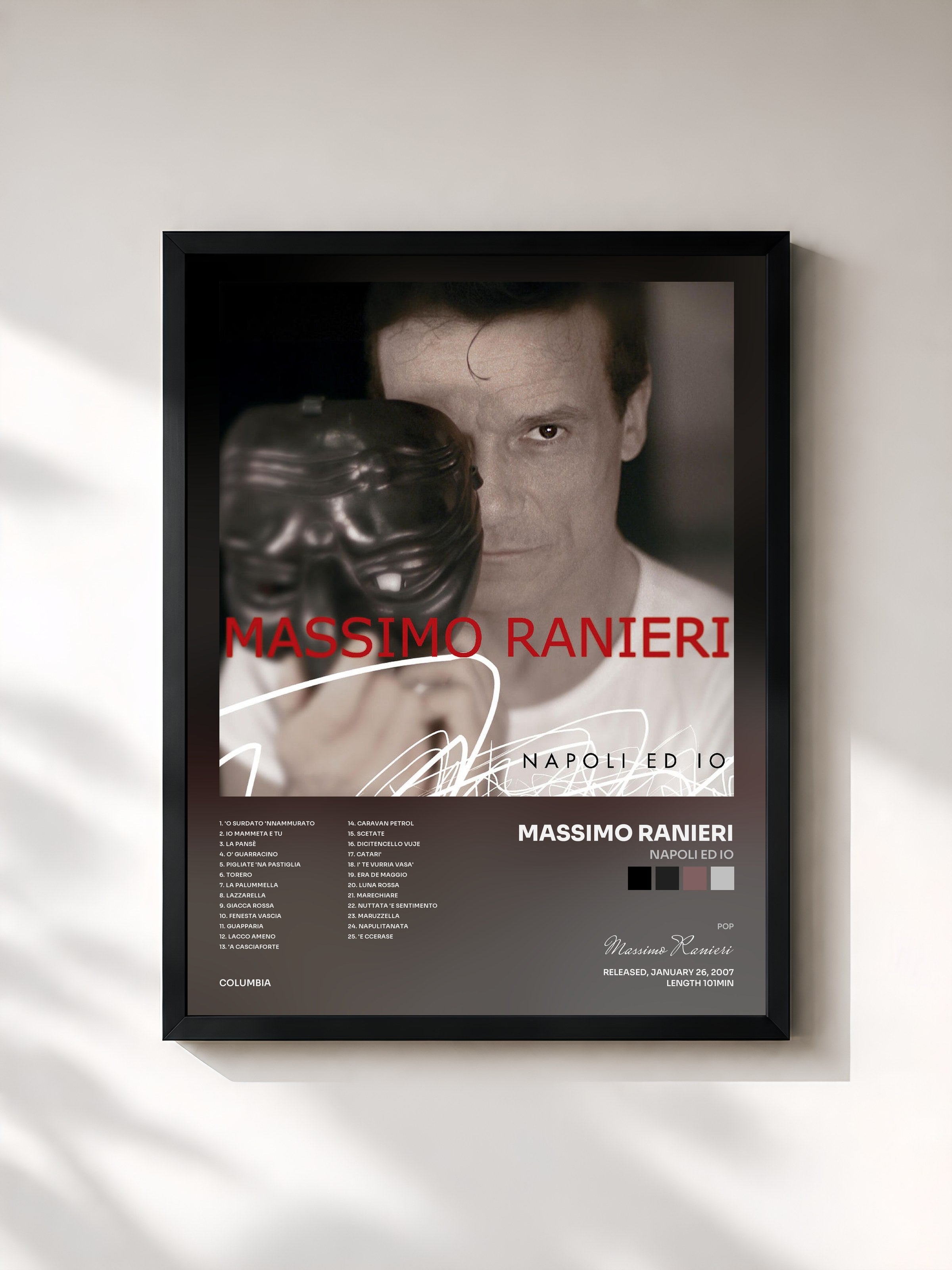 #noir Tableau de l'album Napoli Ed Io de Massimo Ranieri, cadre noir, imprimé et encadré en France