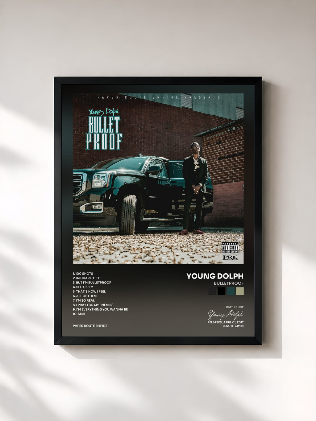 #noir Tableau de l'album Bulletproof de Young Dolph, cadre noir, imprimé et encadré en France