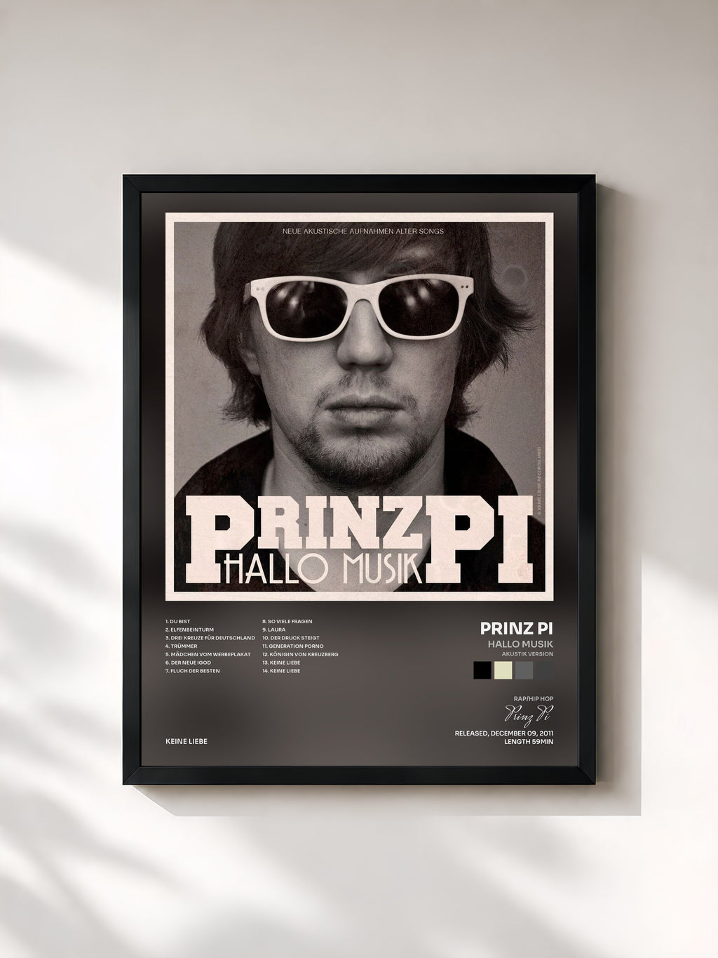 #noir Tableau de l'album Hallo Musik (Akustik Version) de Prinz Pi, cadre noir, imprimé et encadré en France