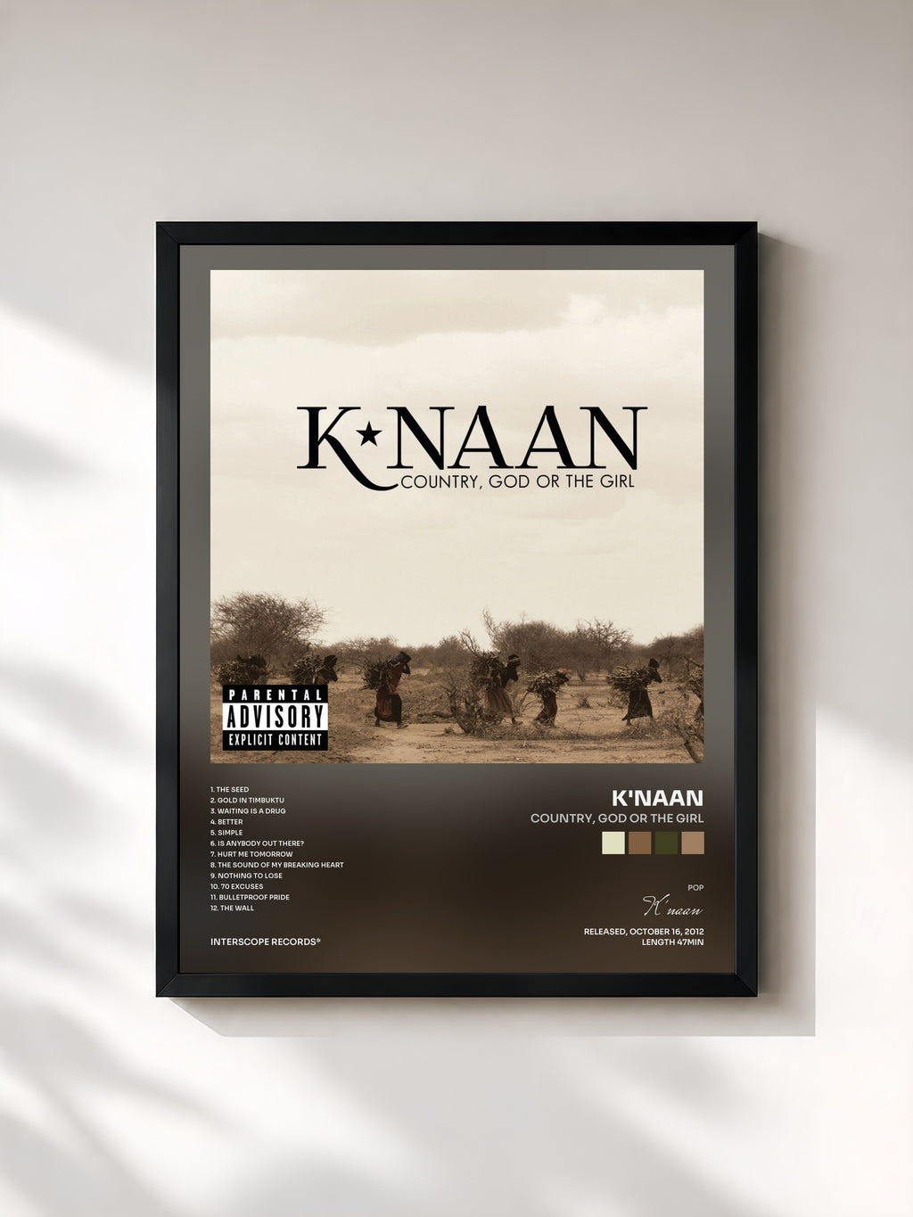 #noir Tableau de l'album Country, God Or The Girl de K'naan, cadre noir, imprimé et encadré en France