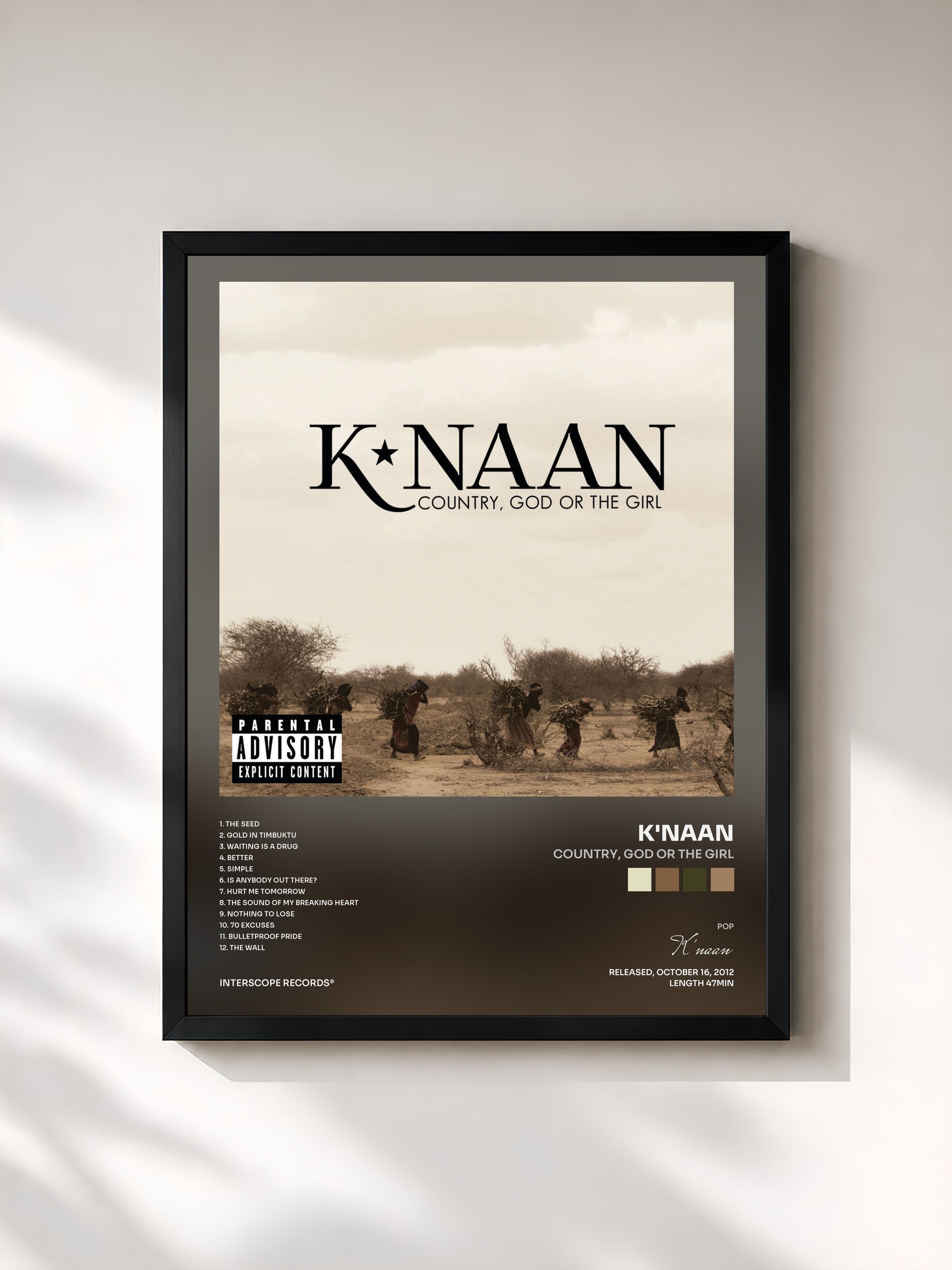 #noir Tableau de l'album Country, God Or The Girl de K'naan, cadre noir, imprimé et encadré en France