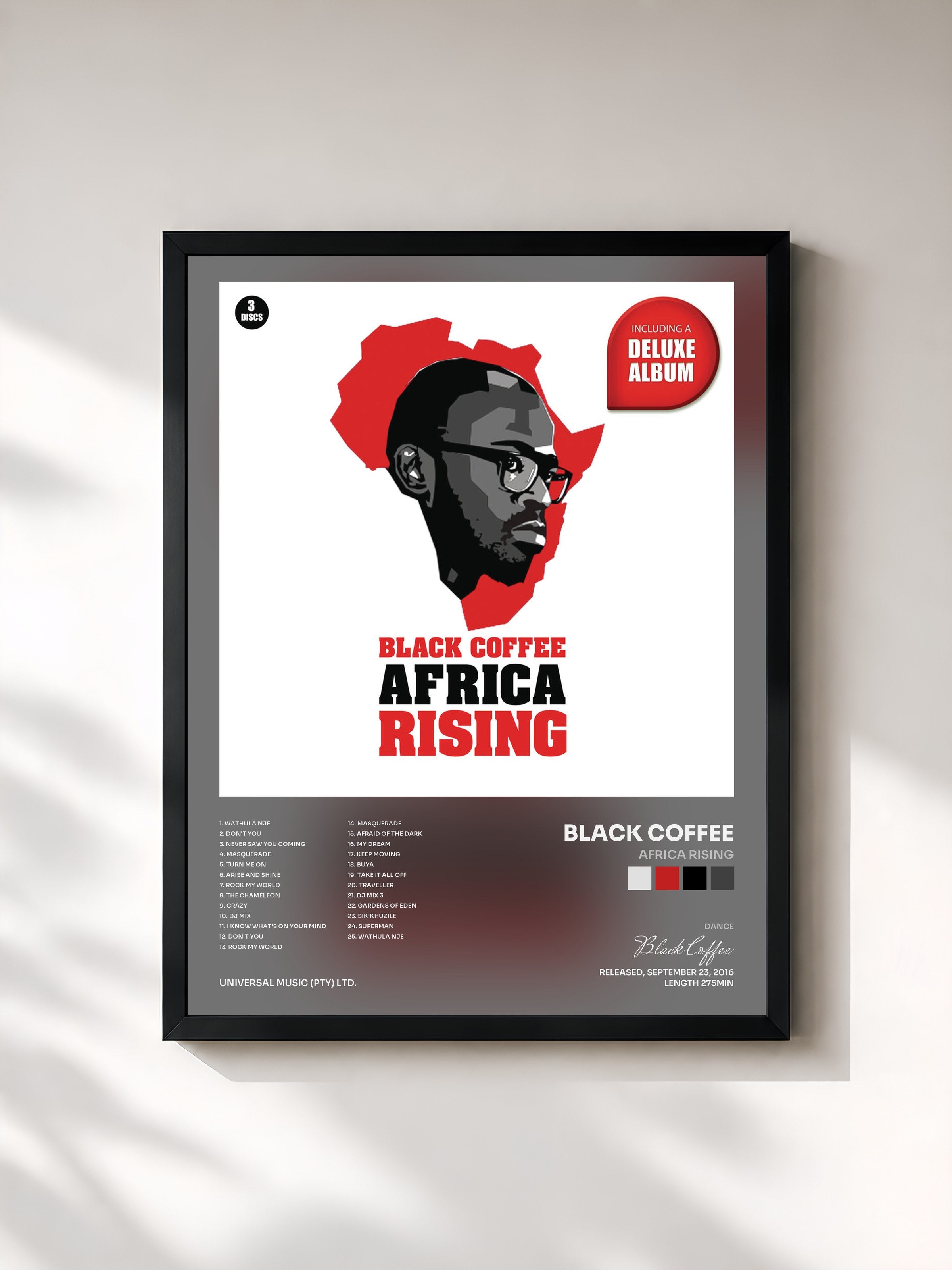 #noir Tableau de l'album Africa Rising de Black Coffee, cadre noir, imprimé et encadré en France
