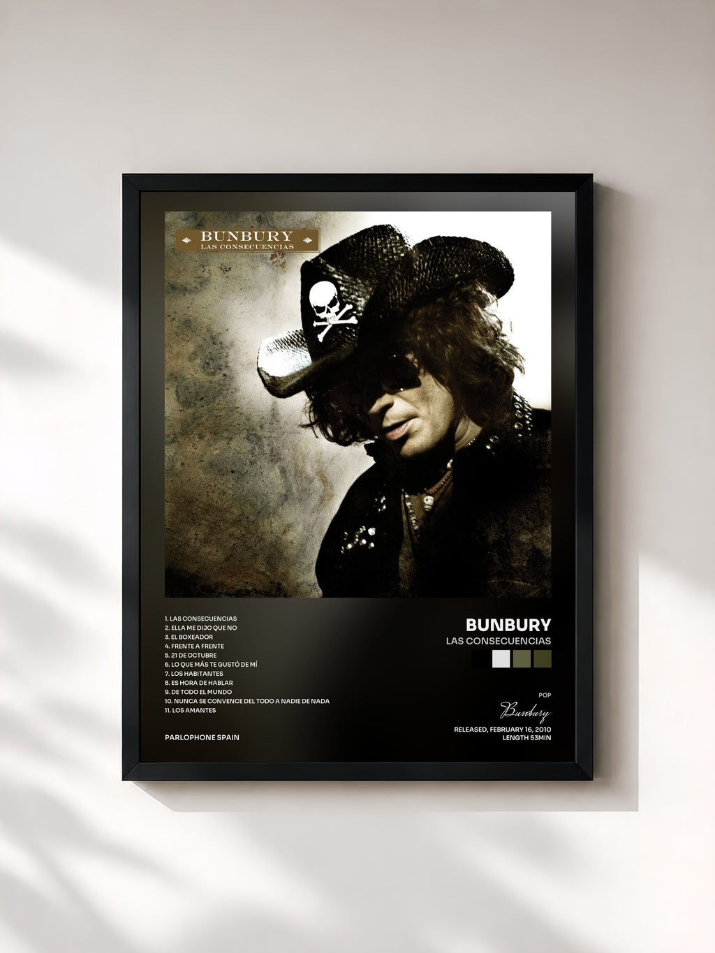 #noir Tableau de l'album Las Consecuencias de Bunbury, cadre noir, imprimé et encadré en France