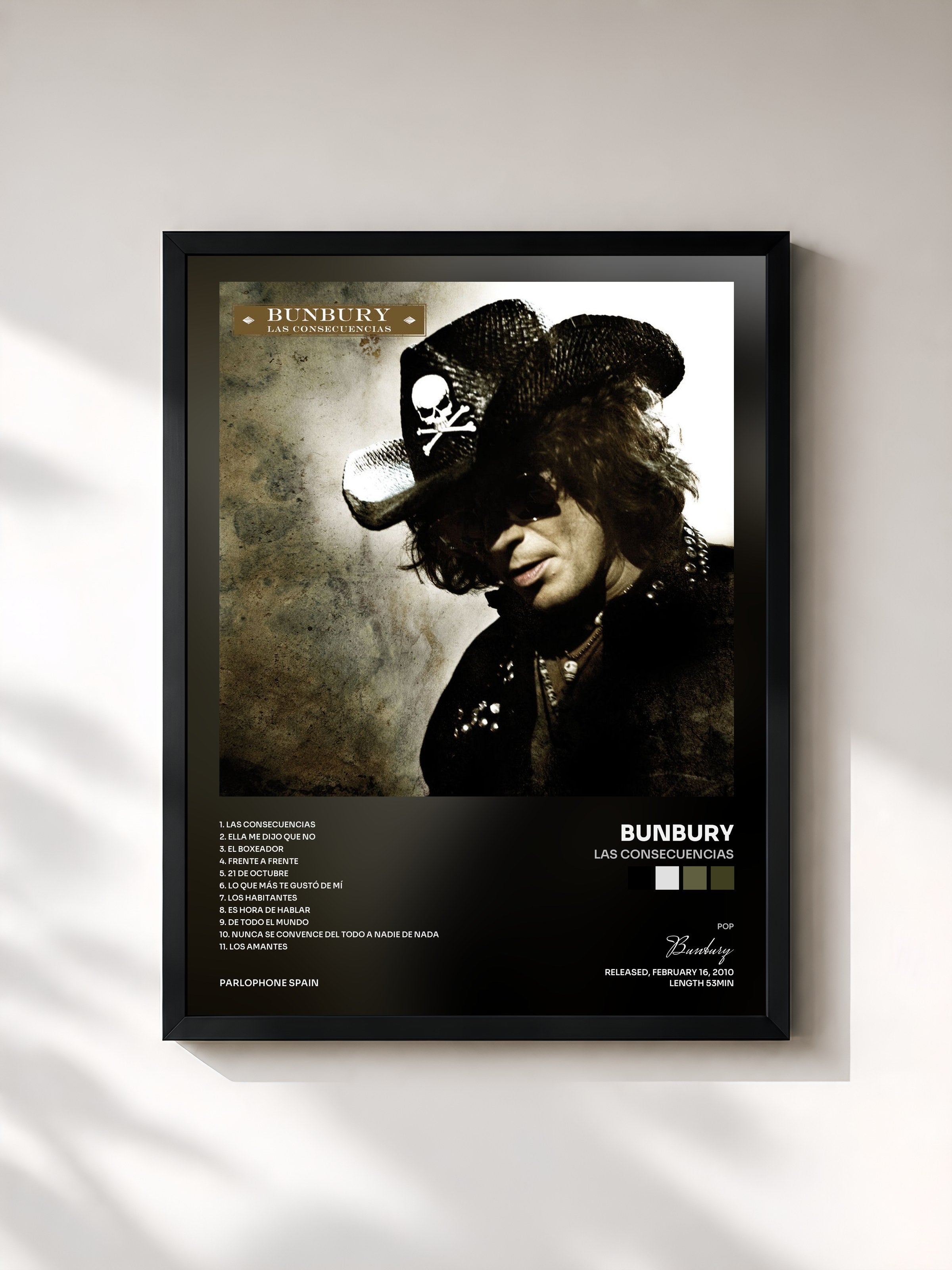 #noir Tableau de l'album Las Consecuencias de Bunbury, cadre noir, imprimé et encadré en France