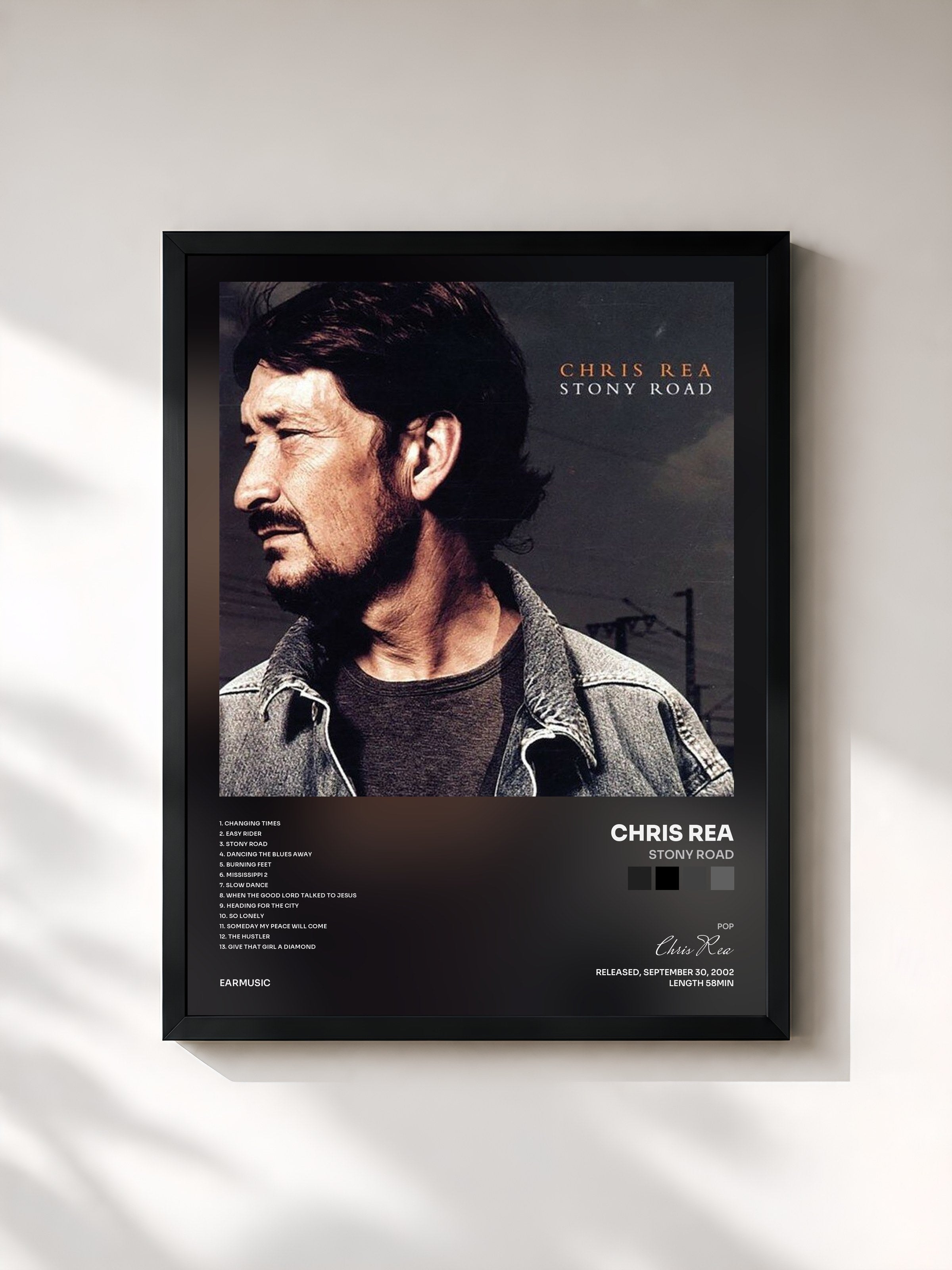 #noir Tableau de l'album Stony Road de Chris Rea, cadre noir, imprimé et encadré en France