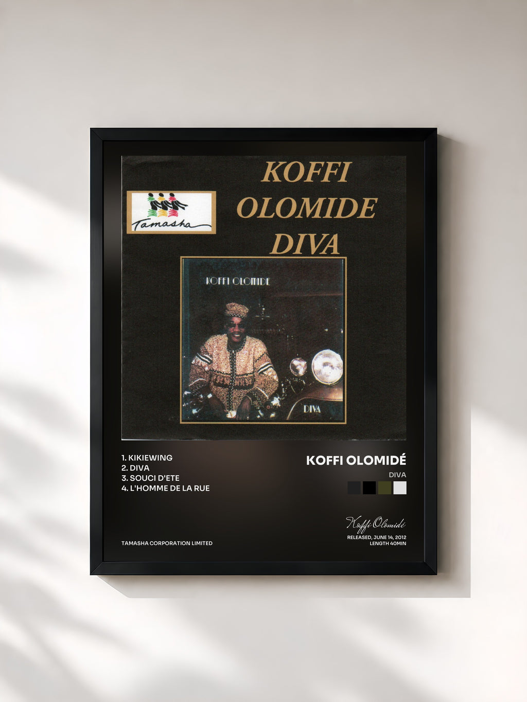 #noir Tableau de l'album Diva de Koffi Olomidé, cadre noir, imprimé et encadré en France