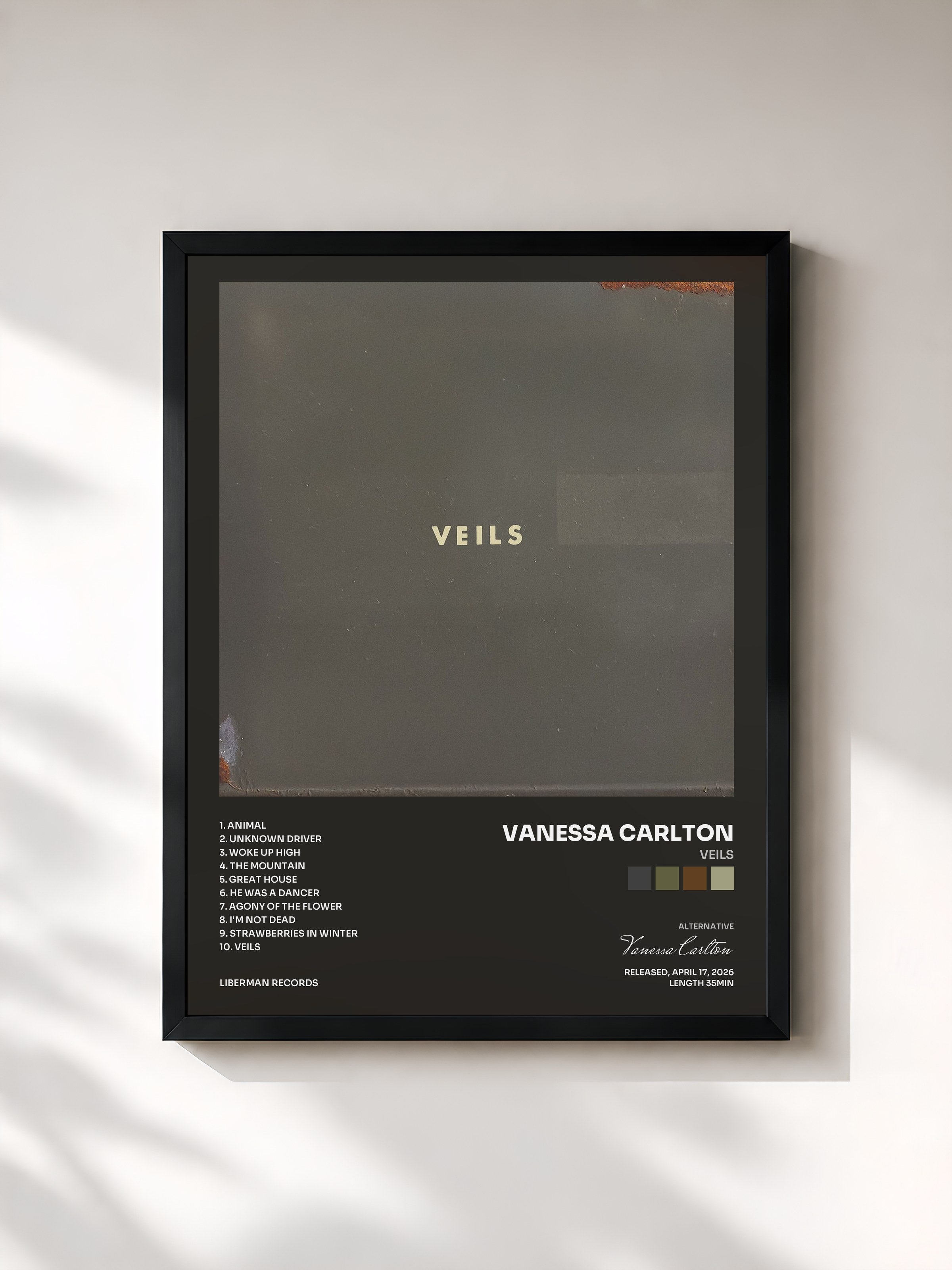 #noir Tableau de l'album Veils de Vanessa Carlton, cadre noir, imprimé et encadré en France