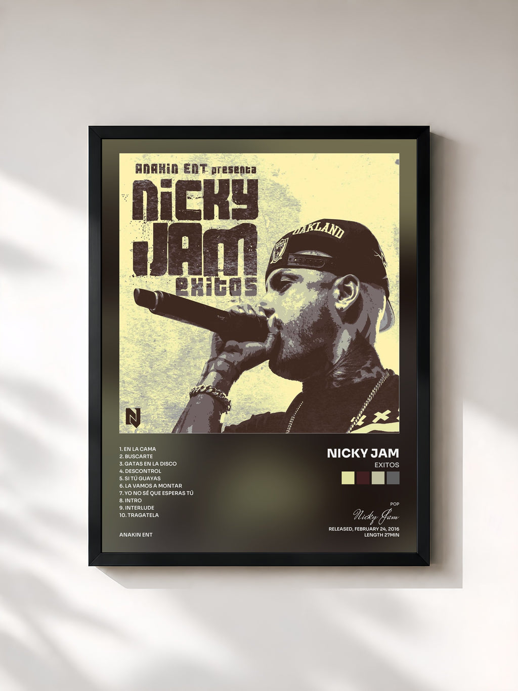 #noir Tableau de l'album Exitos de Nicky Jam, cadre noir, imprimé et encadré en France
