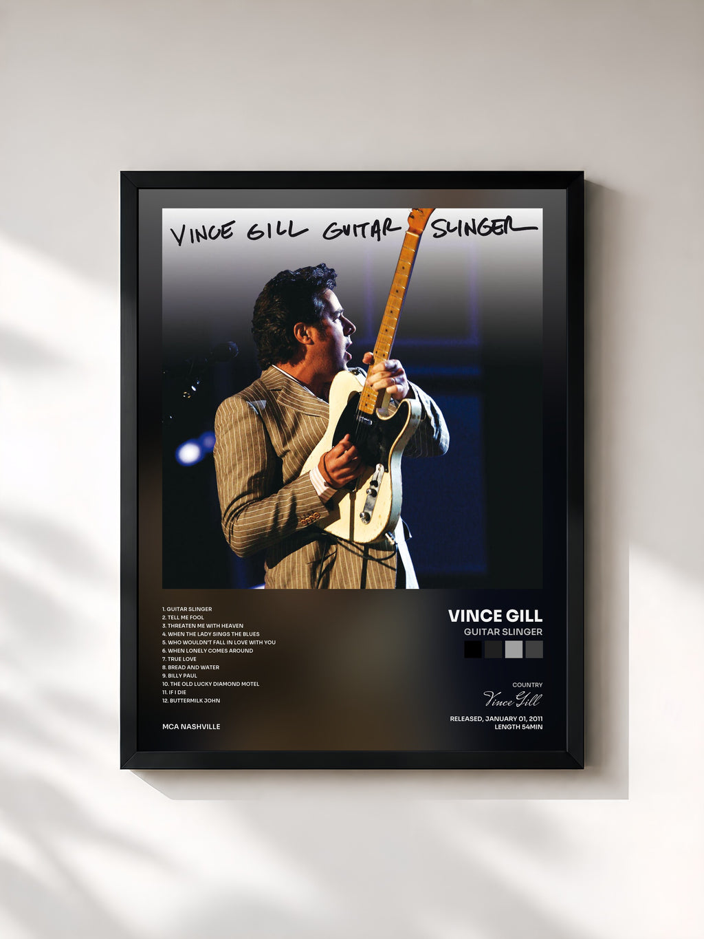 #noir Tableau de l'album Guitar Slinger de Vince Gill, cadre noir, imprimé et encadré en France