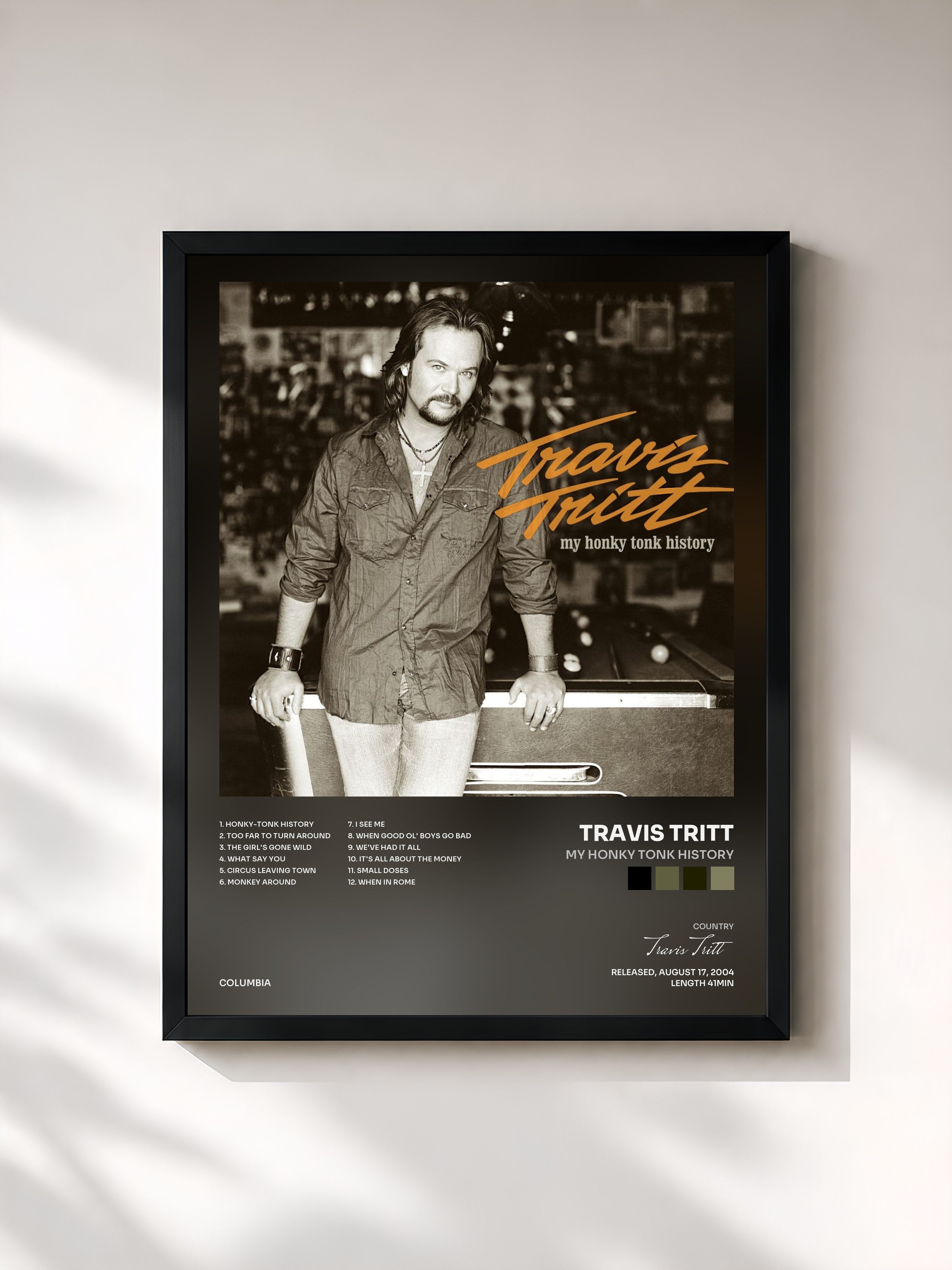 #noir Tableau de l'album My Honky Tonk History de Travis Tritt, cadre noir, imprimé et encadré en France