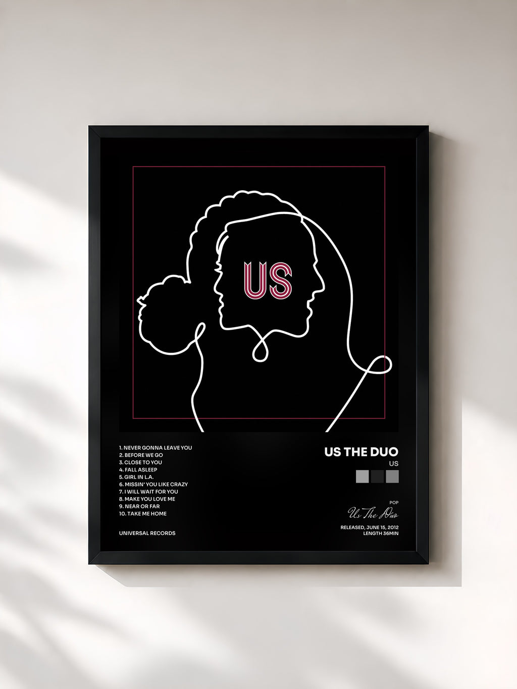 #noir Tableau de l'album Us de Us The Duo, cadre noir, imprimé et encadré en France