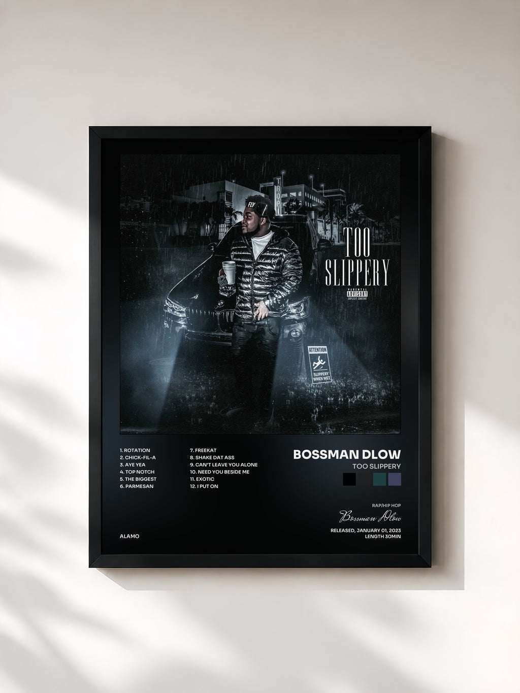 #noir Tableau de l'album Too Slippery de Bossman Dlow, cadre noir, imprimé et encadré en France