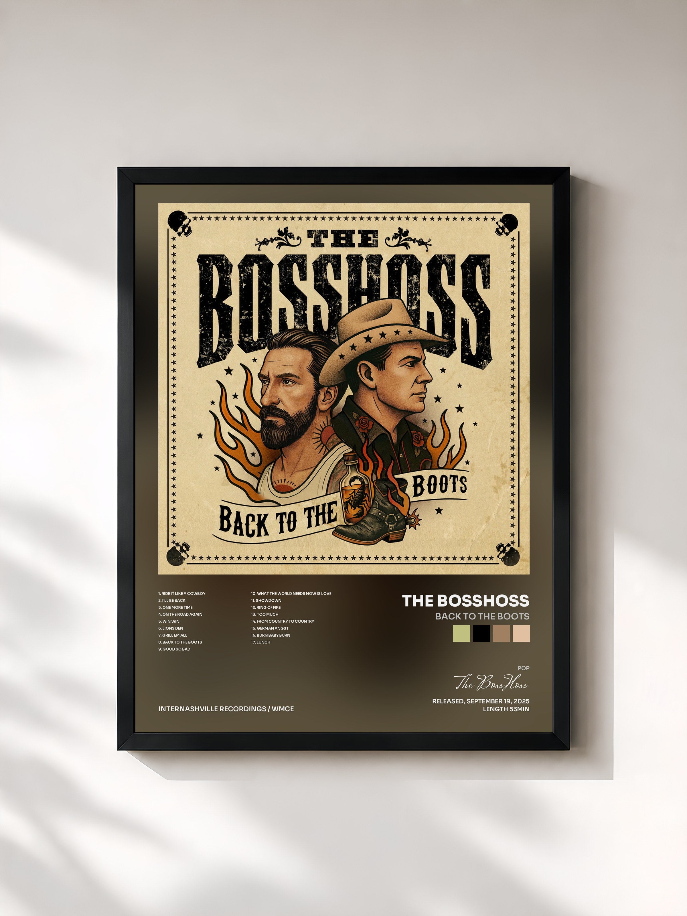 #noir Tableau de l'album Back to the Boots de The BossHoss, cadre noir, imprimé et encadré en France