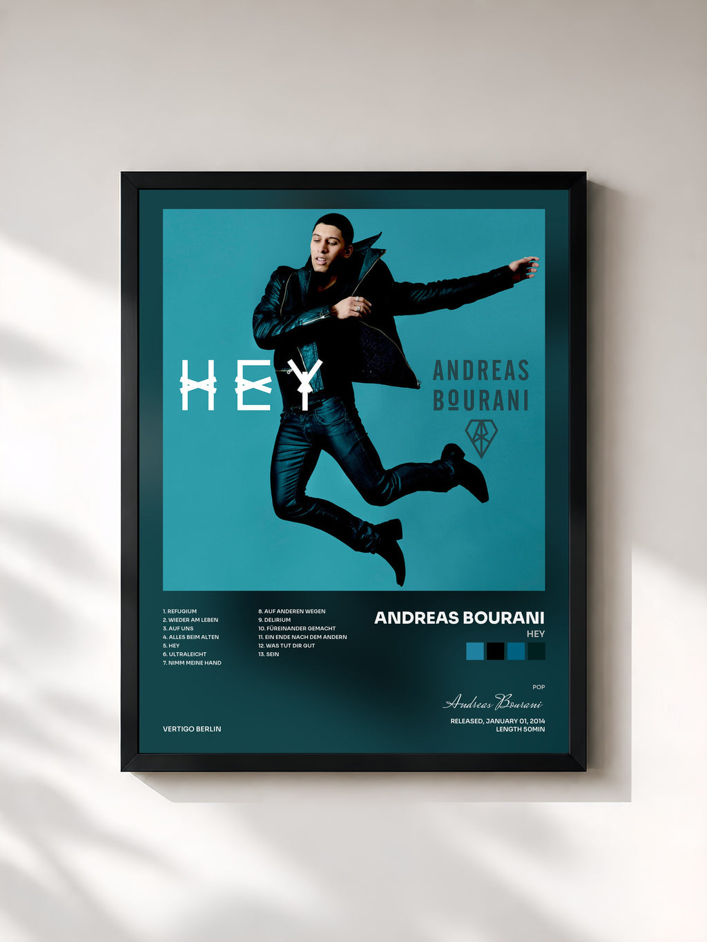 #noir Tableau de l'album Hey de Andreas Bourani, cadre noir, imprimé et encadré en France