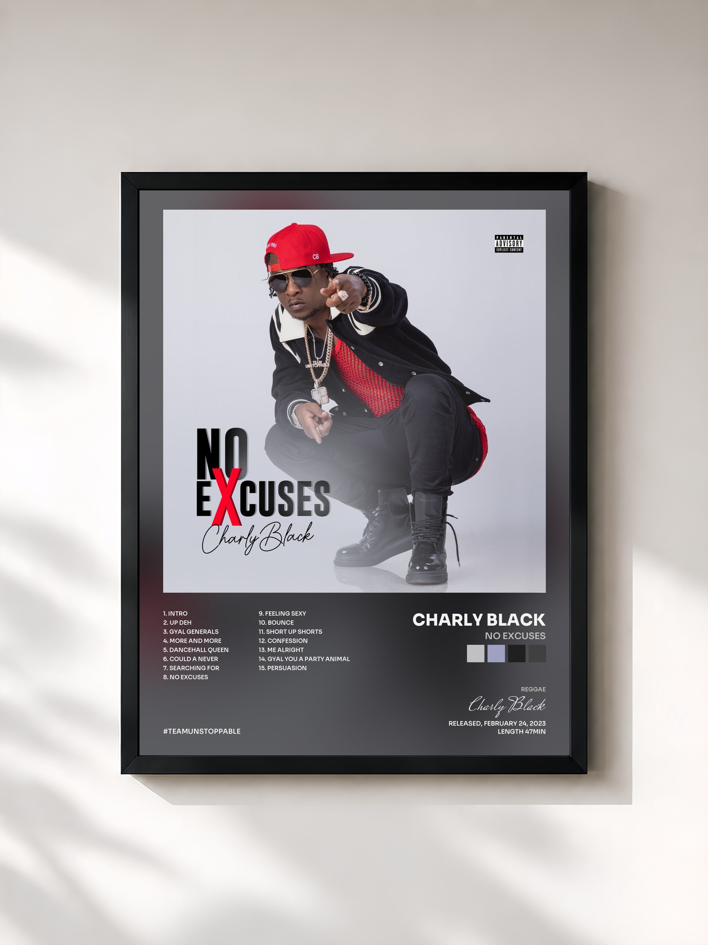 #noir Tableau de l'album No Excuses de Charly Black, cadre noir, imprimé et encadré en France