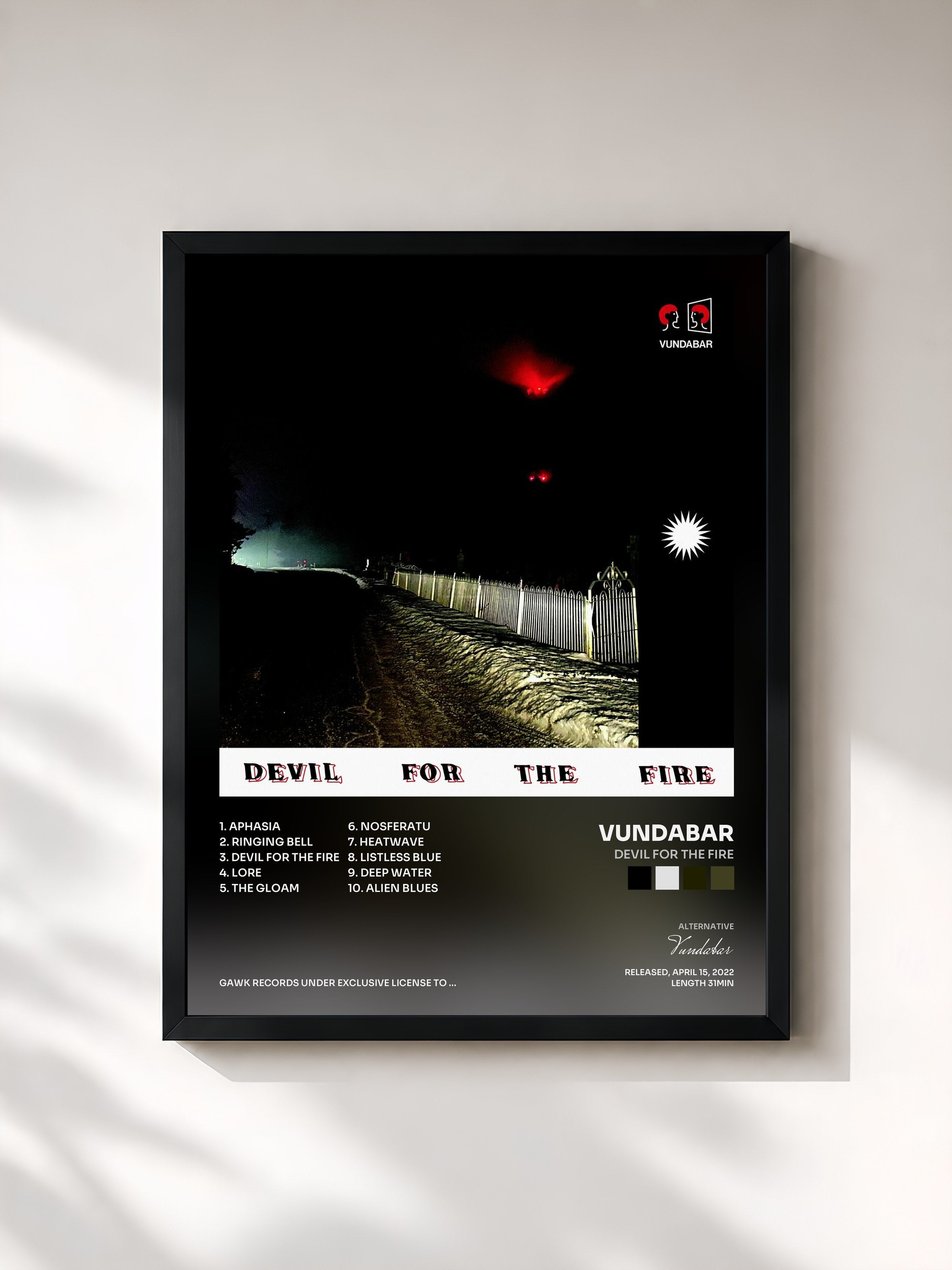 #noir Tableau de l'album Devil for the Fire de Vundabar, cadre noir, imprimé et encadré en France