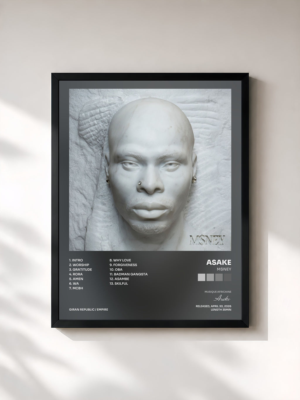 #noir Tableau de l'album M$NEY de Asake, cadre noir, imprimé et encadré en France