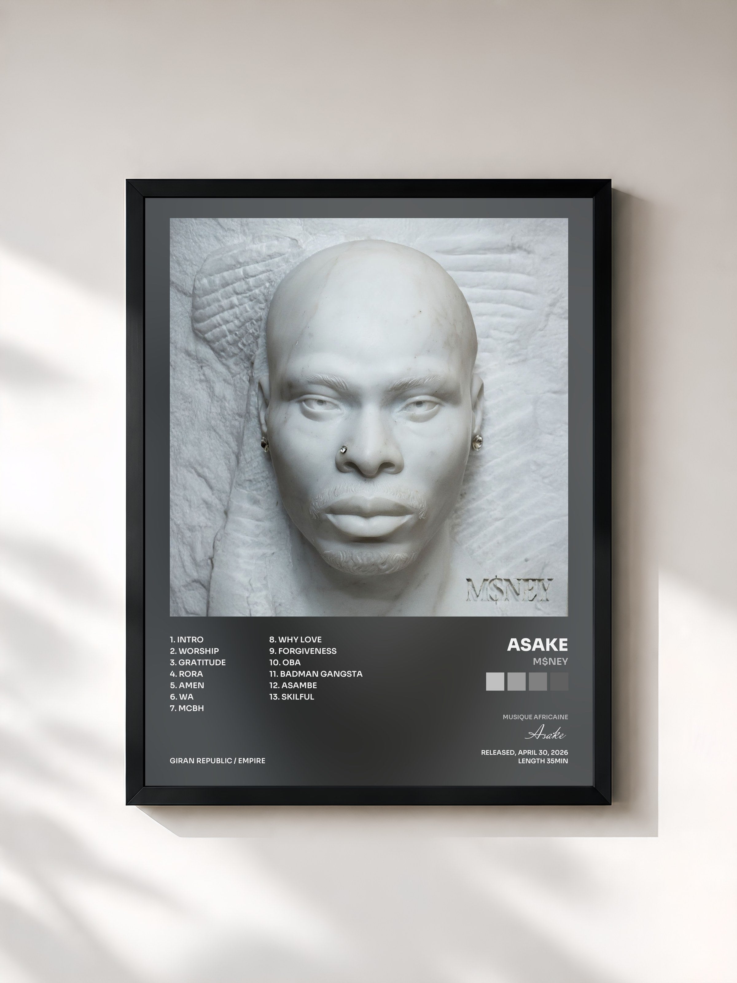 #noir Tableau de l'album M$NEY de Asake, cadre noir, imprimé et encadré en France