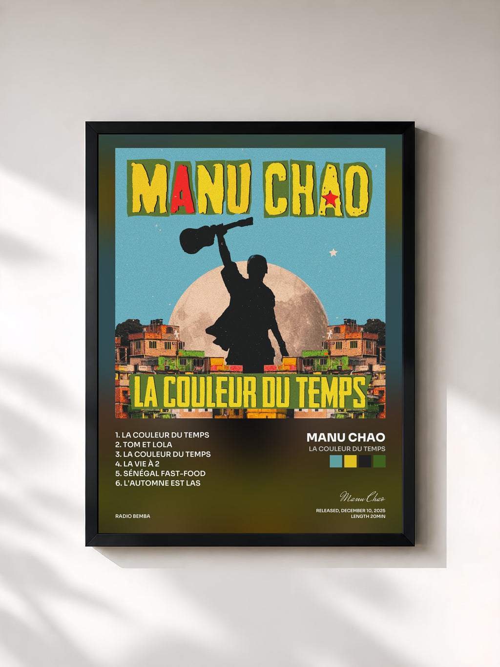 #noir Tableau de l'album La Couleur du Temps de Manu Chao, cadre noir, imprimé et encadré en France