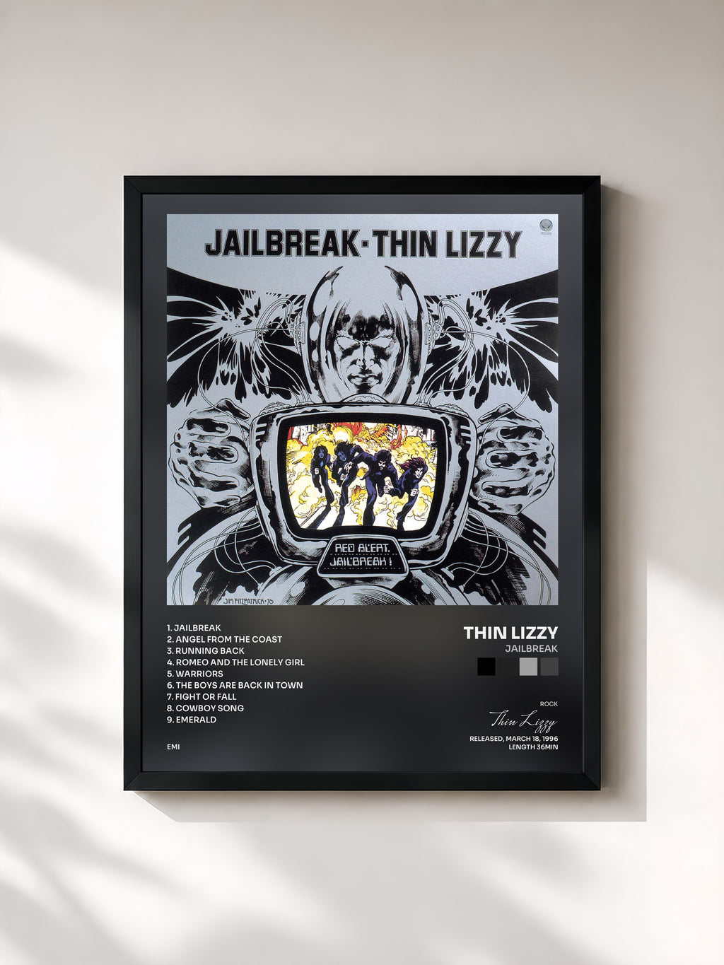 #noir Tableau de l'album Jailbreak de Thin Lizzy, cadre noir, imprimé et encadré en France