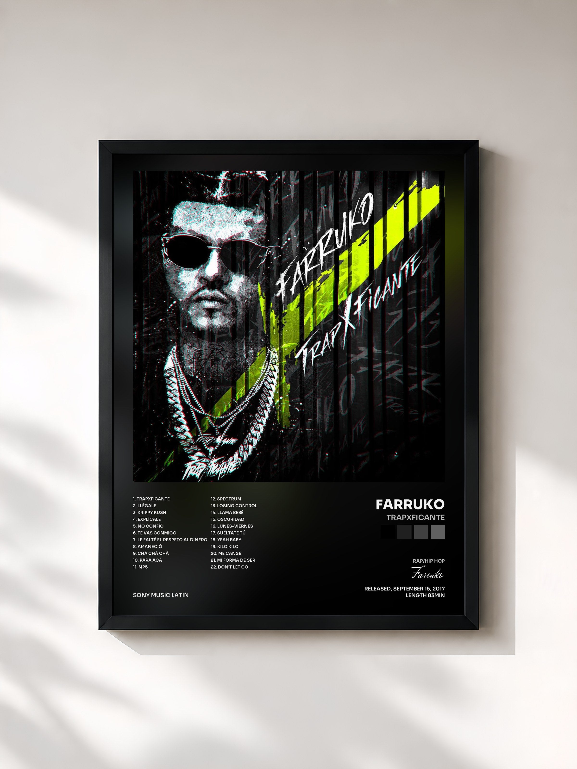 #noir Tableau de l'album TrapXficante de Farruko, cadre noir, imprimé et encadré en France