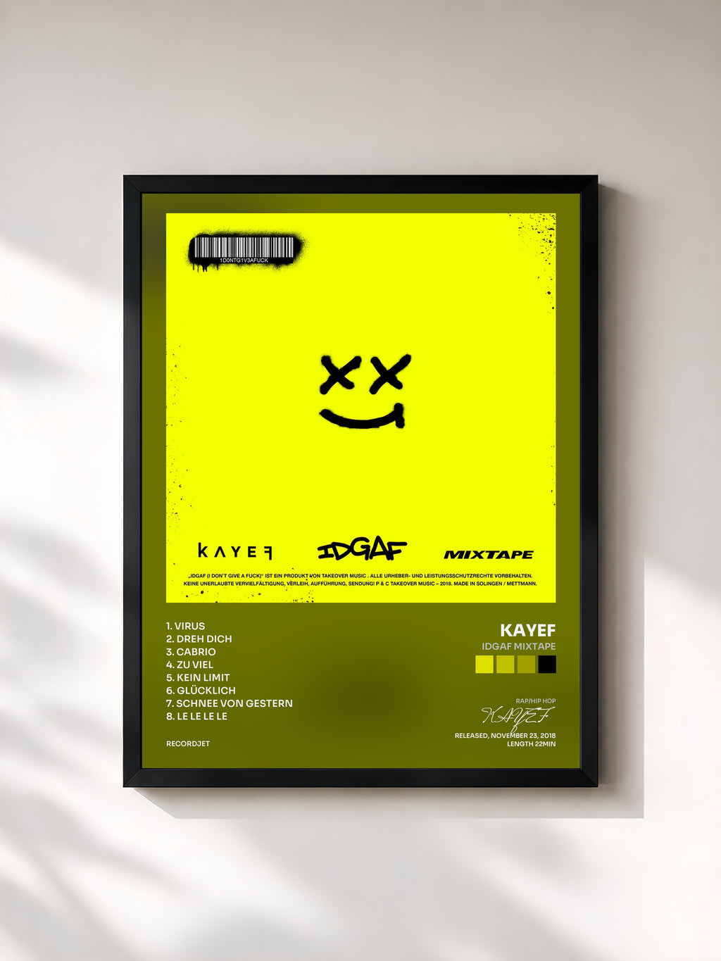 #noir Tableau de l'album IDGAF Mixtape de KAYEF, cadre noir, imprimé et encadré en France