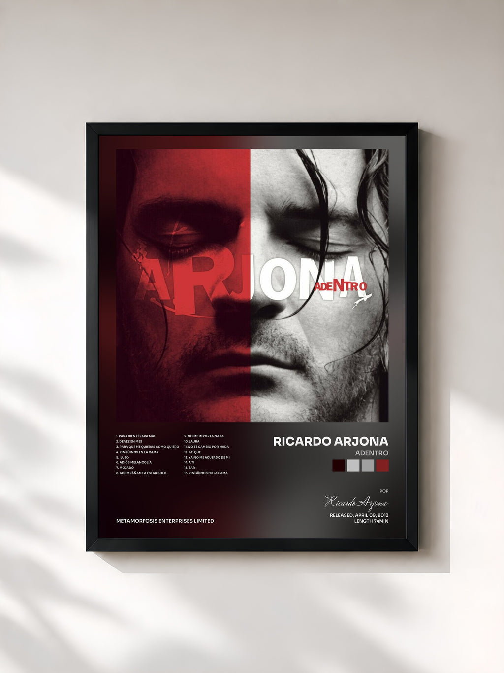 #noir Tableau de l'album Adentro de Ricardo Arjona, cadre noir, imprimé et encadré en France
