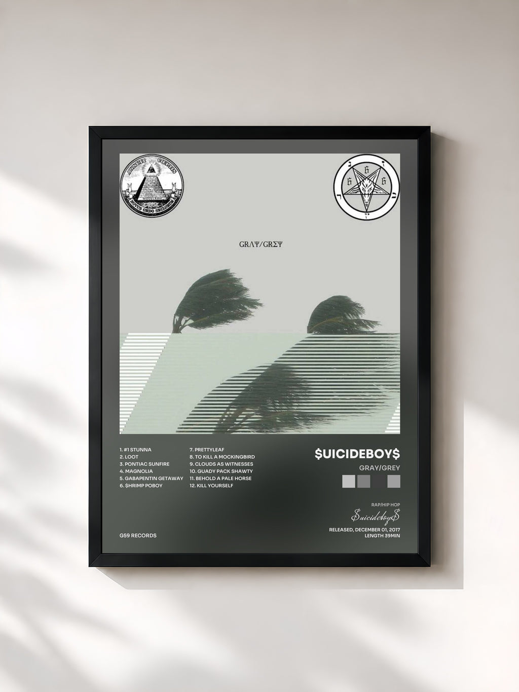 #noir Tableau de l'album Gray/Grey de $uicideboy$, cadre noir, imprimé et encadré en France