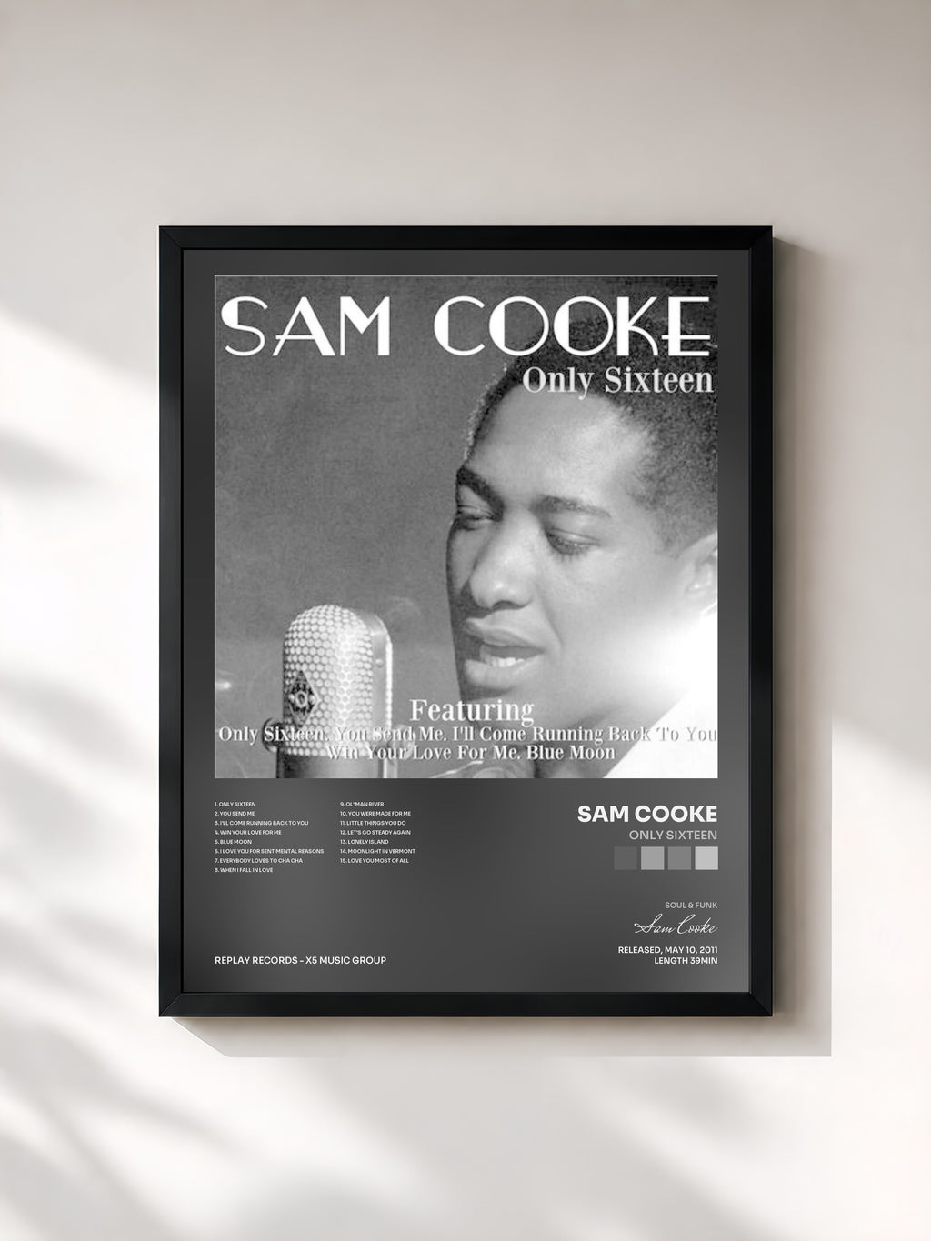 #noir Tableau de l'album Only Sixteen de Sam Cooke, cadre noir, imprimé et encadré en France