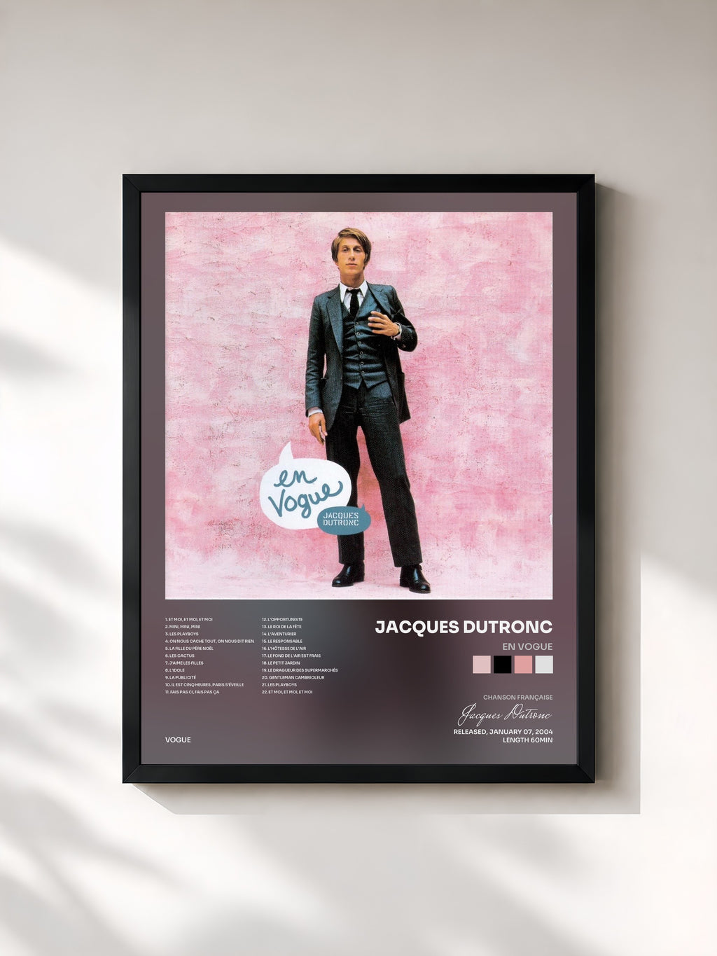 #noir Tableau de l'album En Vogue de Jacques Dutronc, cadre noir, imprimé et encadré en France