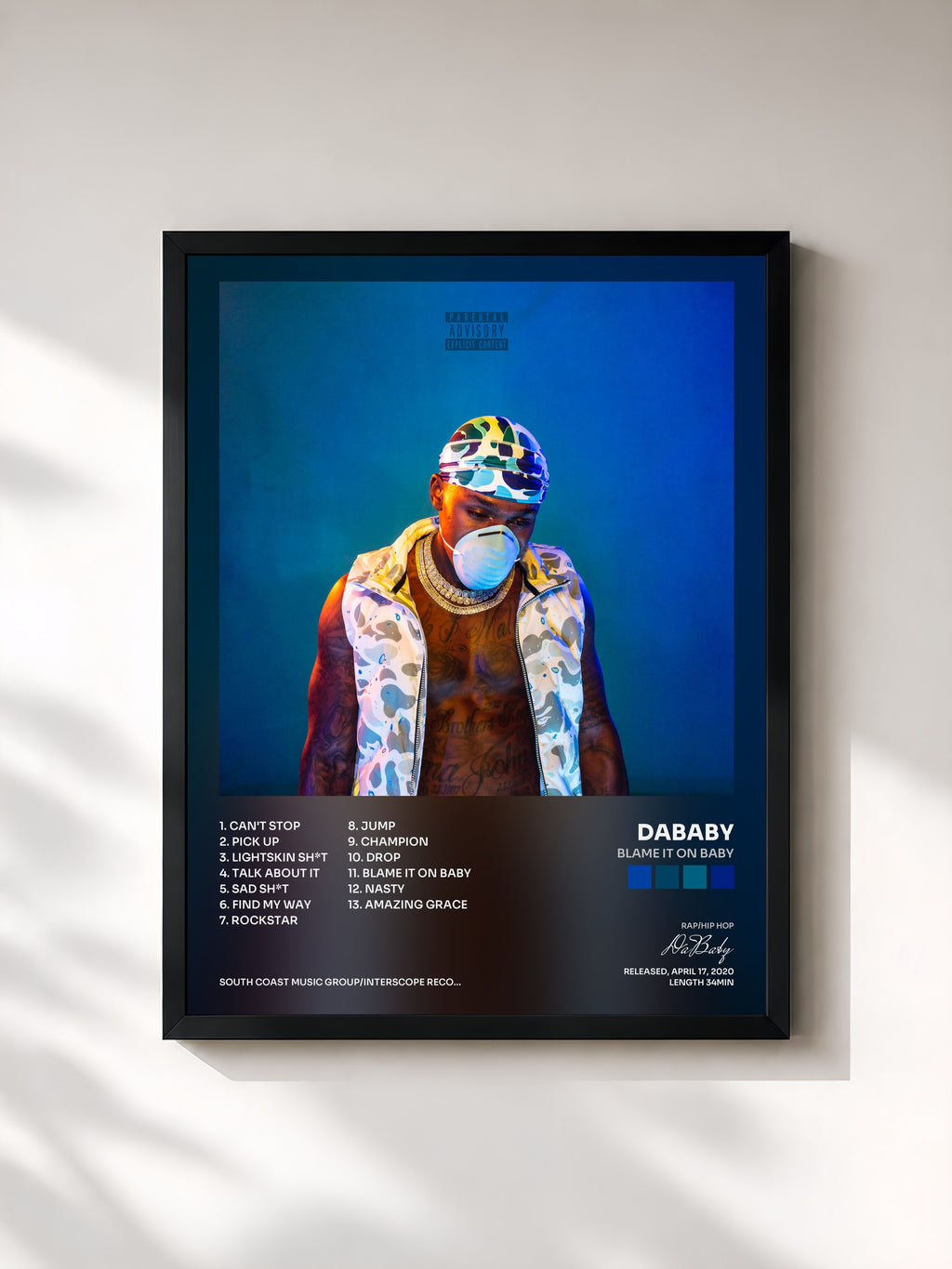 #noir Tableau de l'album BLAME IT ON BABY de DaBaby, cadre noir, imprimé et encadré en France