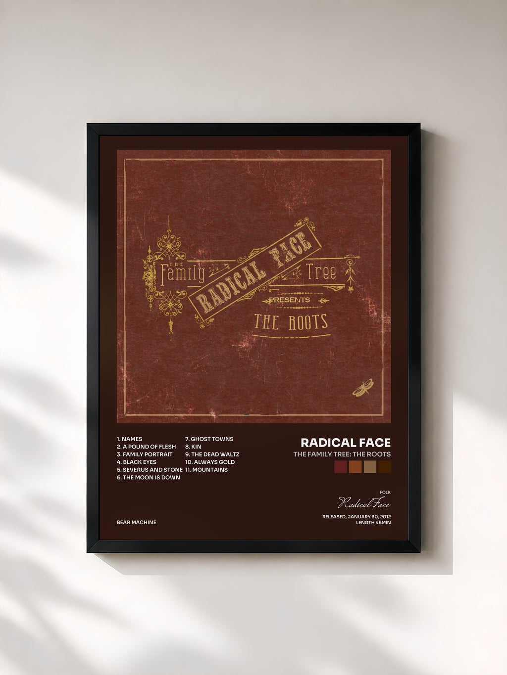 #noir Tableau de l'album The Family Tree: The Roots de Radical Face, cadre noir, imprimé et encadré en France