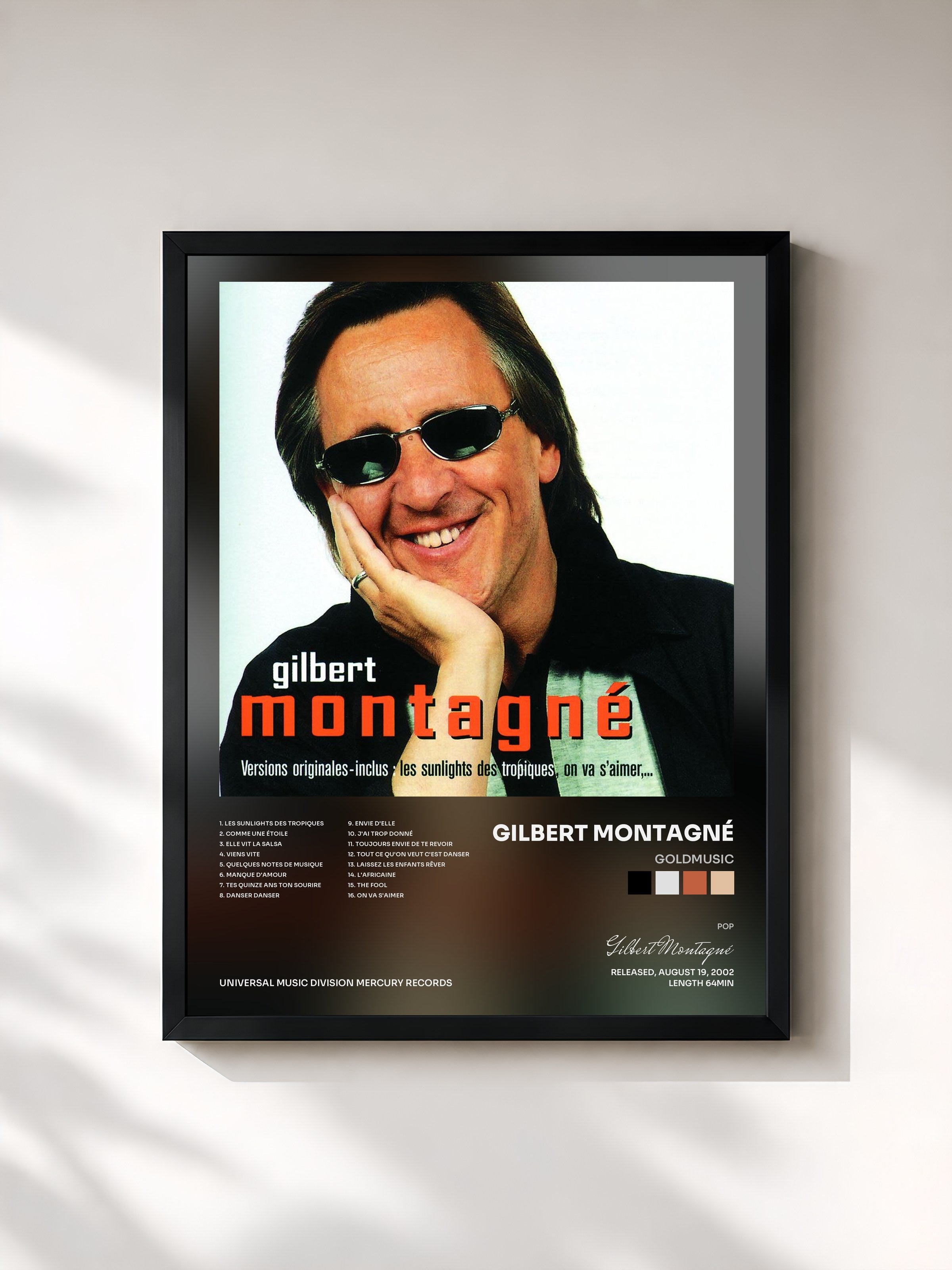 #noir Tableau de l'album Goldmusic de Gilbert Montagné, cadre noir, imprimé et encadré en France