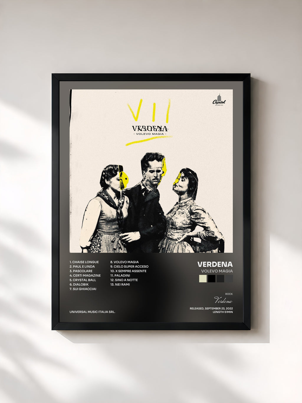 #noir Tableau de l'album Volevo Magia de Verdena, cadre noir, imprimé et encadré en France