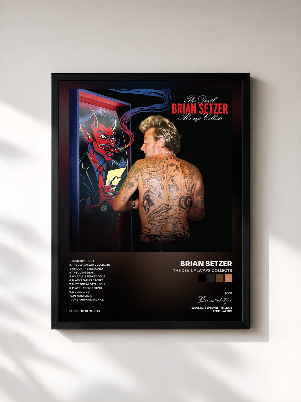 #noir Tableau de l'album The Devil Always Collects de Brian Setzer, cadre noir, imprimé et encadré en France